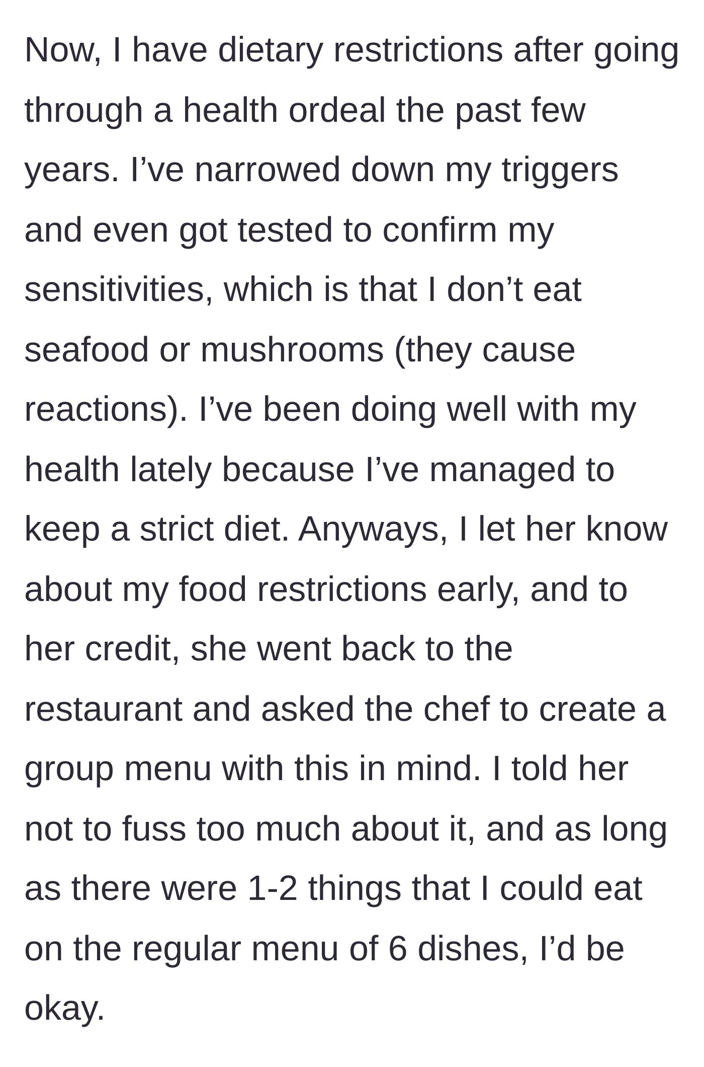 Story part 3 - The guest explains her medical dietary restrictions against seafood and mushrooms to the host, trying to keep things low-maintenance.