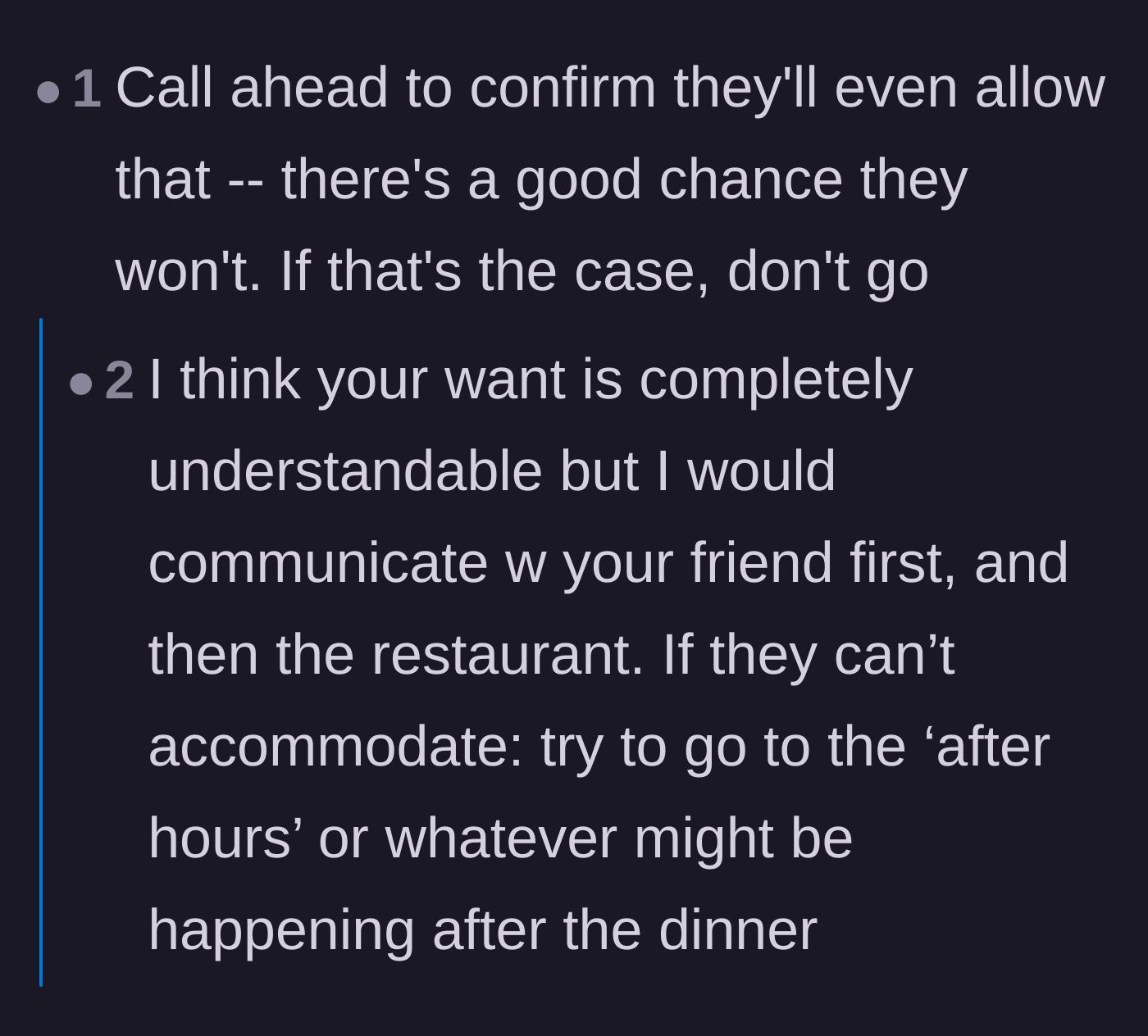 Comment thread 1 - Readers discuss the reality of restaurant logistics and how fine dining venues usually handle dietary substitutions.