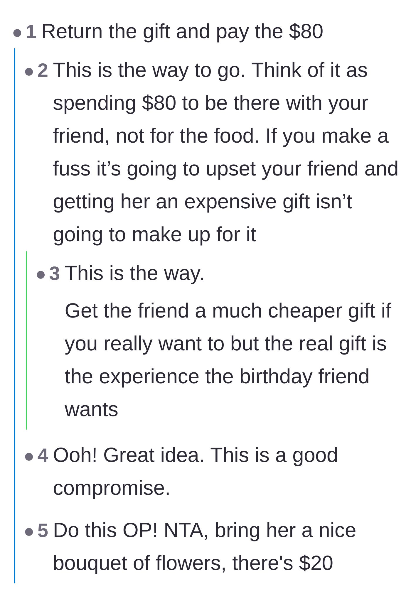 Comment thread 2 - Commenters suggest returning the expensive birthday gift to cover the cost of the overpriced dinner.