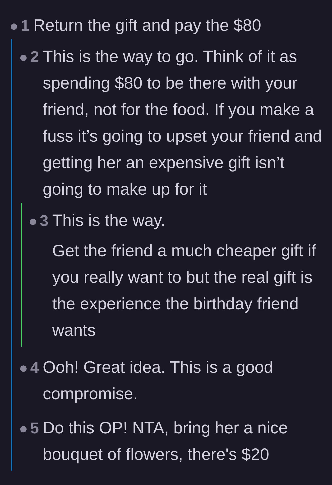 Comment thread 2 - Commenters suggest returning the expensive birthday gift to cover the cost of the overpriced dinner.