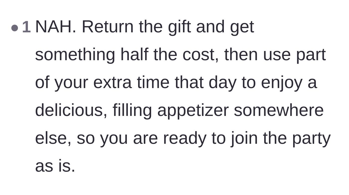 Comment thread 3 - Advice on eating a cheaper, filling meal before the party and downsizing the birthday gift.