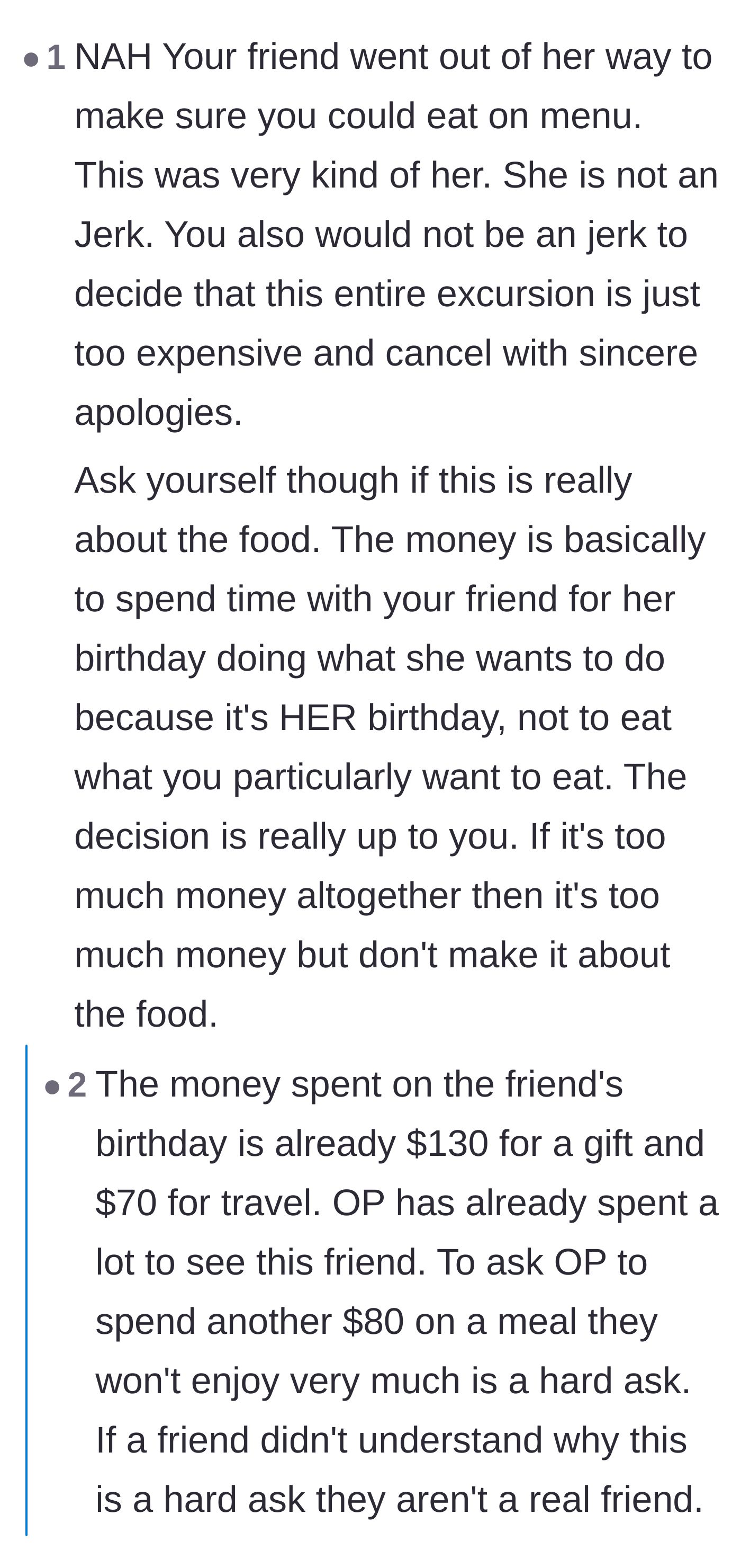 Comment thread 4 - A debate analyzing whether the host actually tried to accommodate the guest or just lazily grouped all dietary restrictions together.