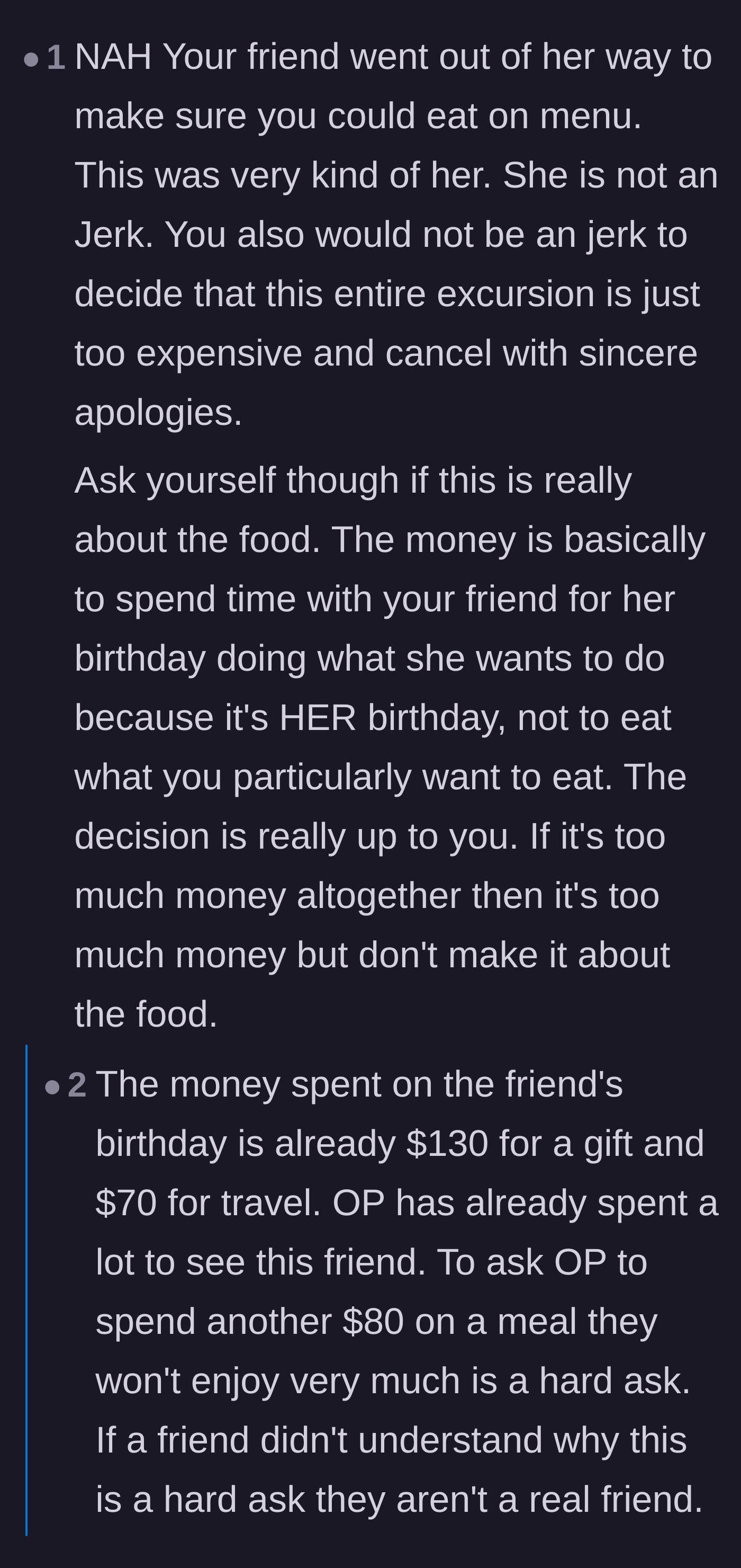Comment thread 4 - A debate analyzing whether the host actually tried to accommodate the guest or just lazily grouped all dietary restrictions together.