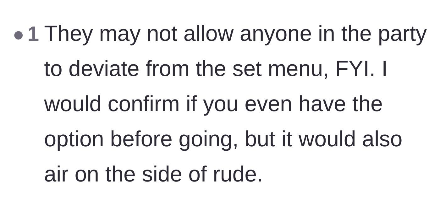 Comment thread 6 - Commenters point out that asking to order off-menu at a group dinner might actually come across as rude.