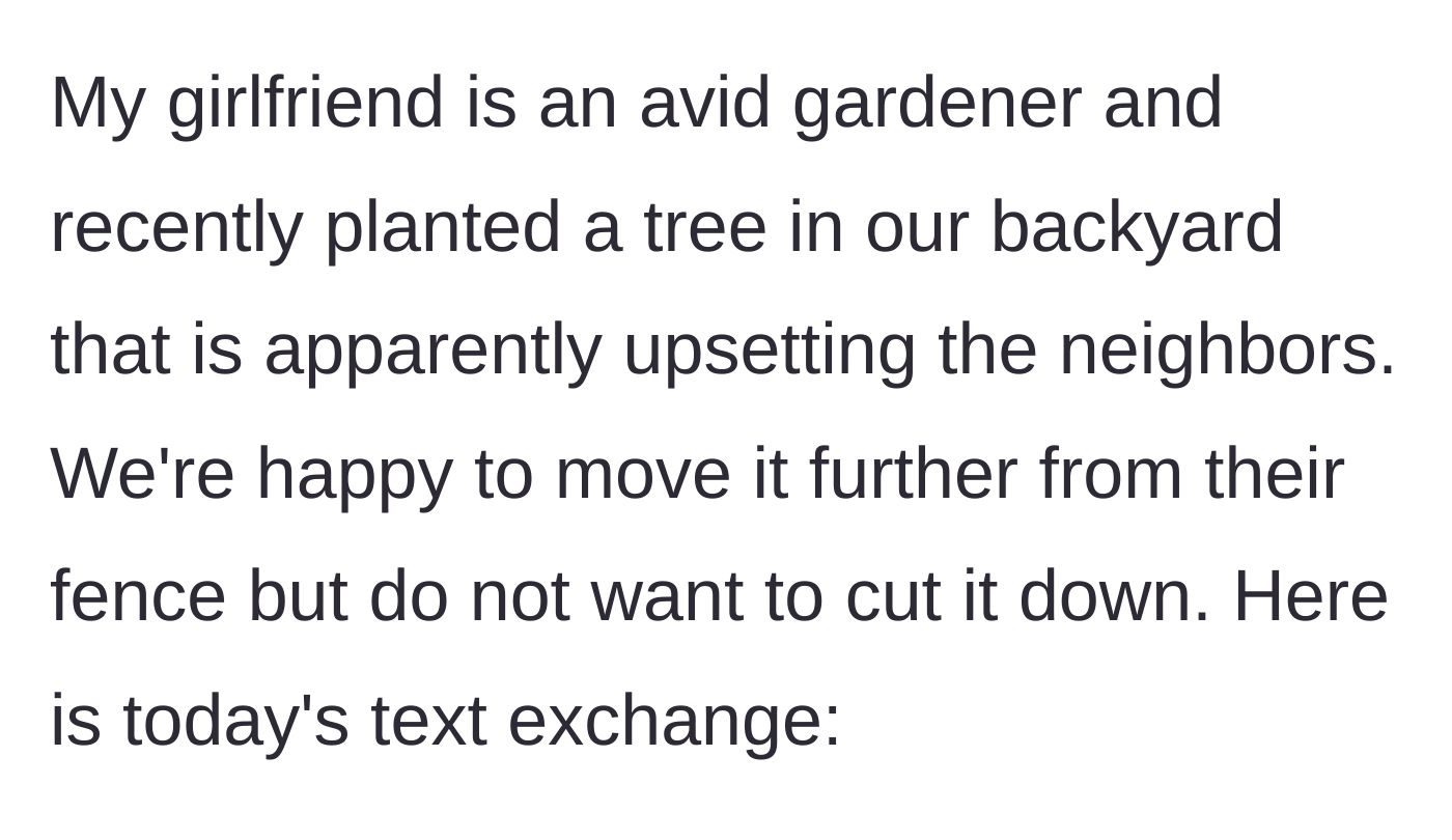 Story part 1 - A couple quietly planting a new tree in their own backyard while a neighbor peers suspiciously over the fence.