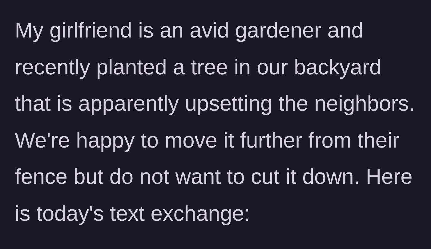 Story part 1 - A couple quietly planting a new tree in their own backyard while a neighbor peers suspiciously over the fence.