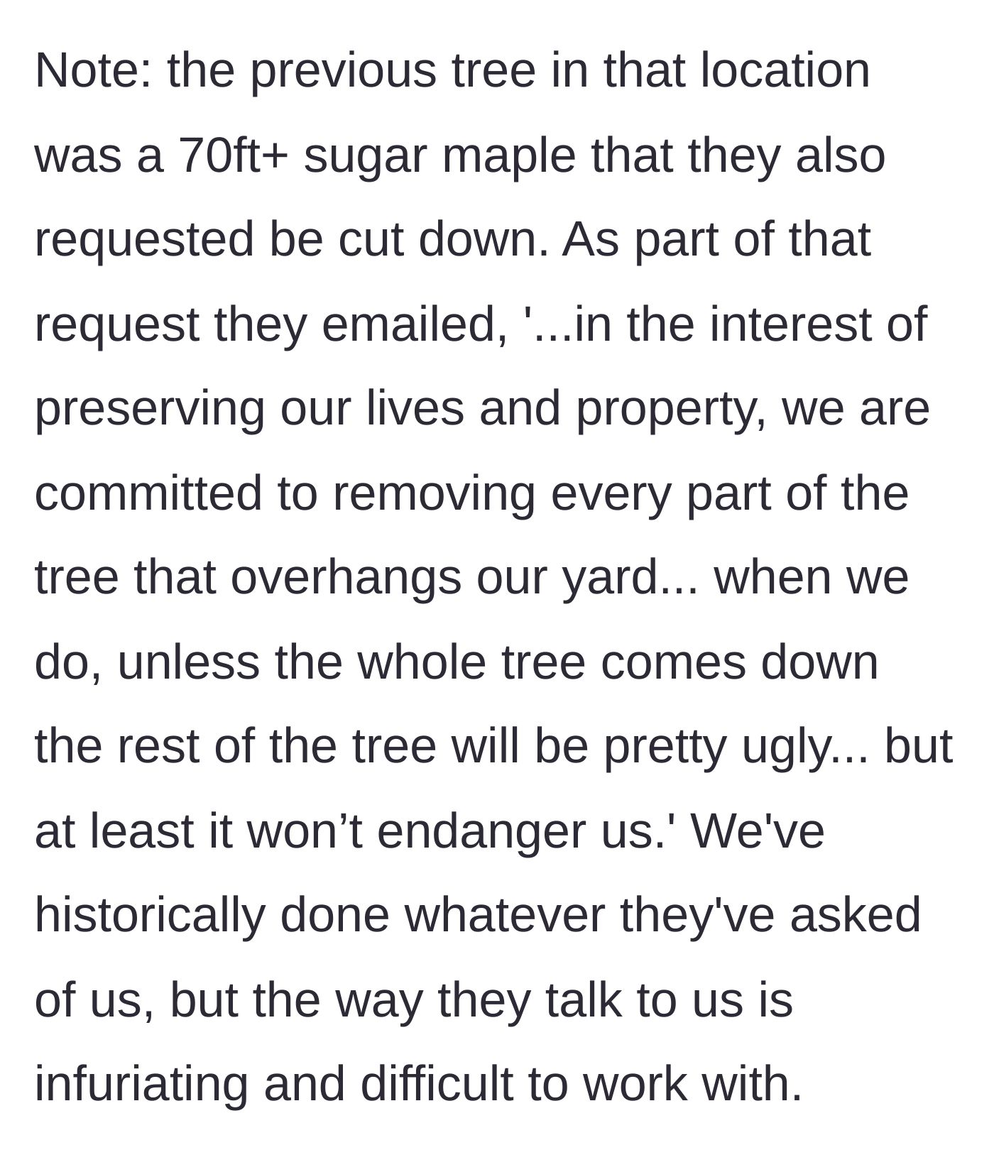 Story part 7 - A flashback memory of a massive 70-foot tree the neighbors previously demanded be destroyed with highly dramatic threats.