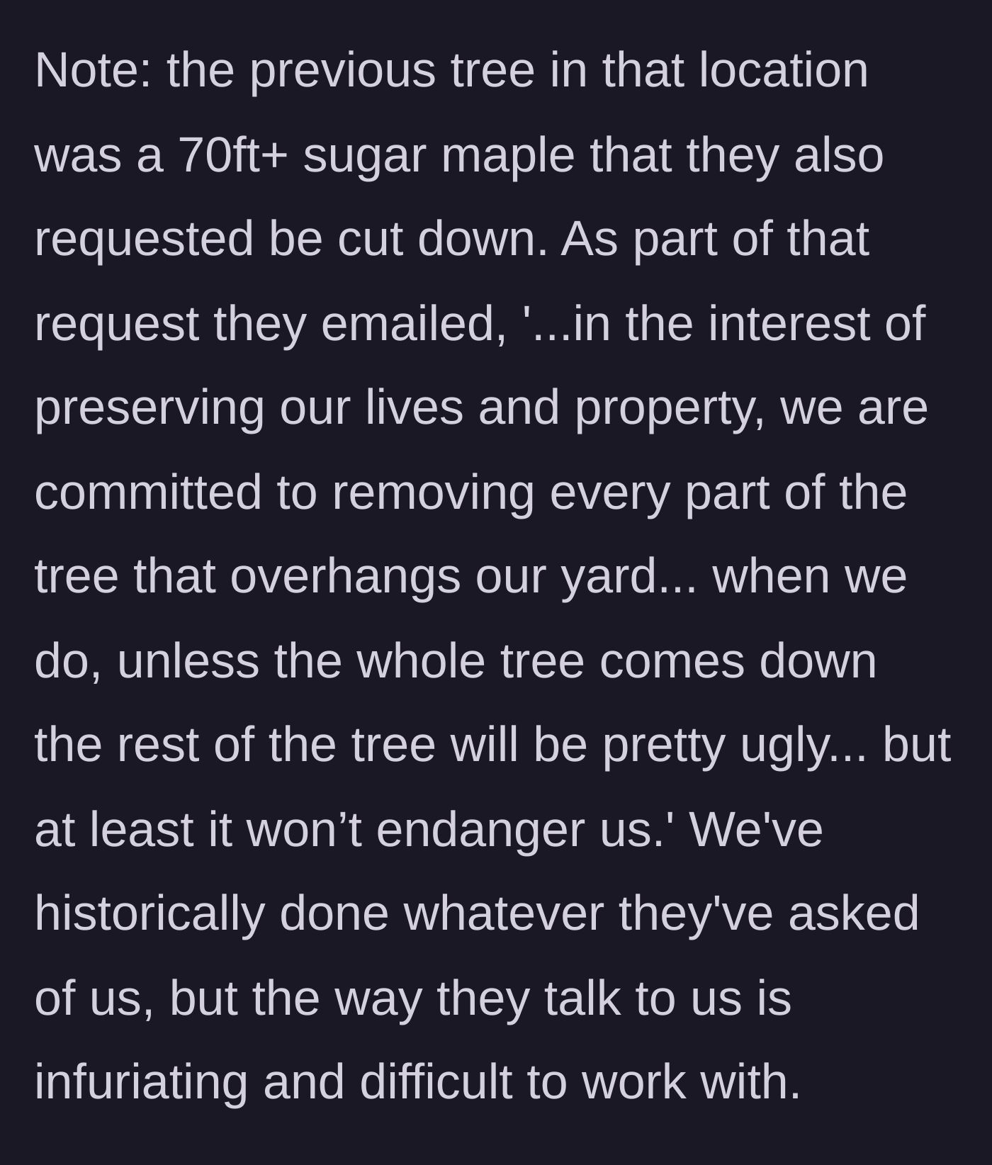 Story part 7 - A flashback memory of a massive 70-foot tree the neighbors previously demanded be destroyed with highly dramatic threats.