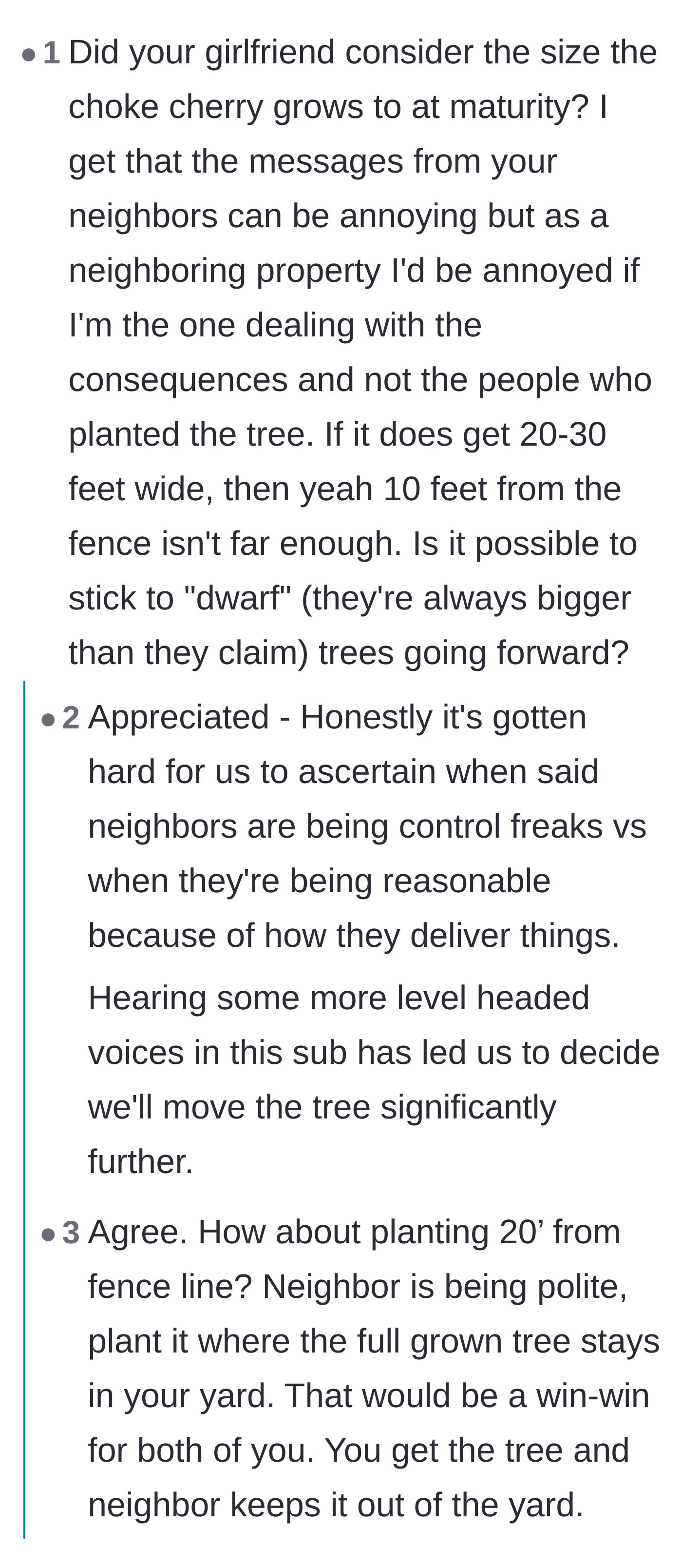 Comment thread 5 - A practical discussion about the mature size of a chokecherry tree and whether ten feet of clearance is actually enough.
