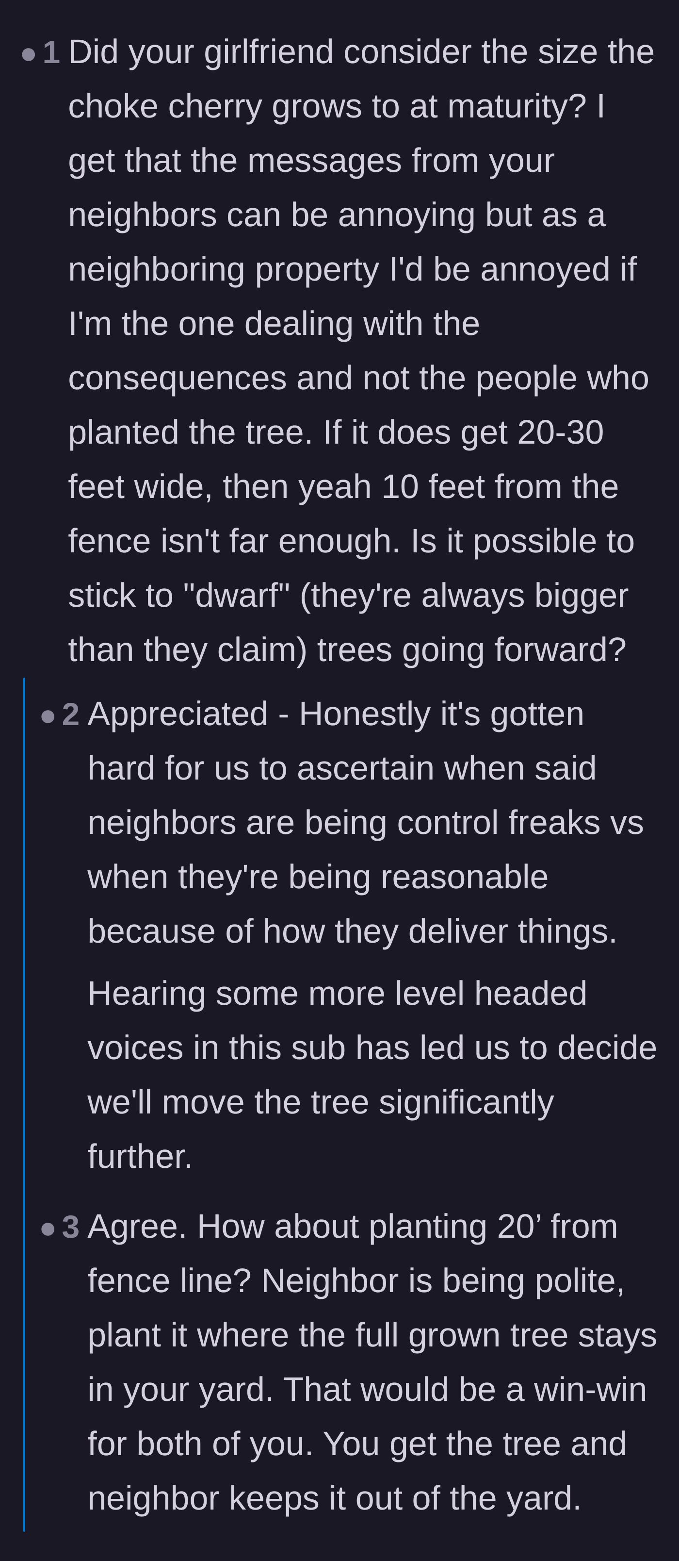 Comment thread 5 - A practical discussion about the mature size of a chokecherry tree and whether ten feet of clearance is actually enough.