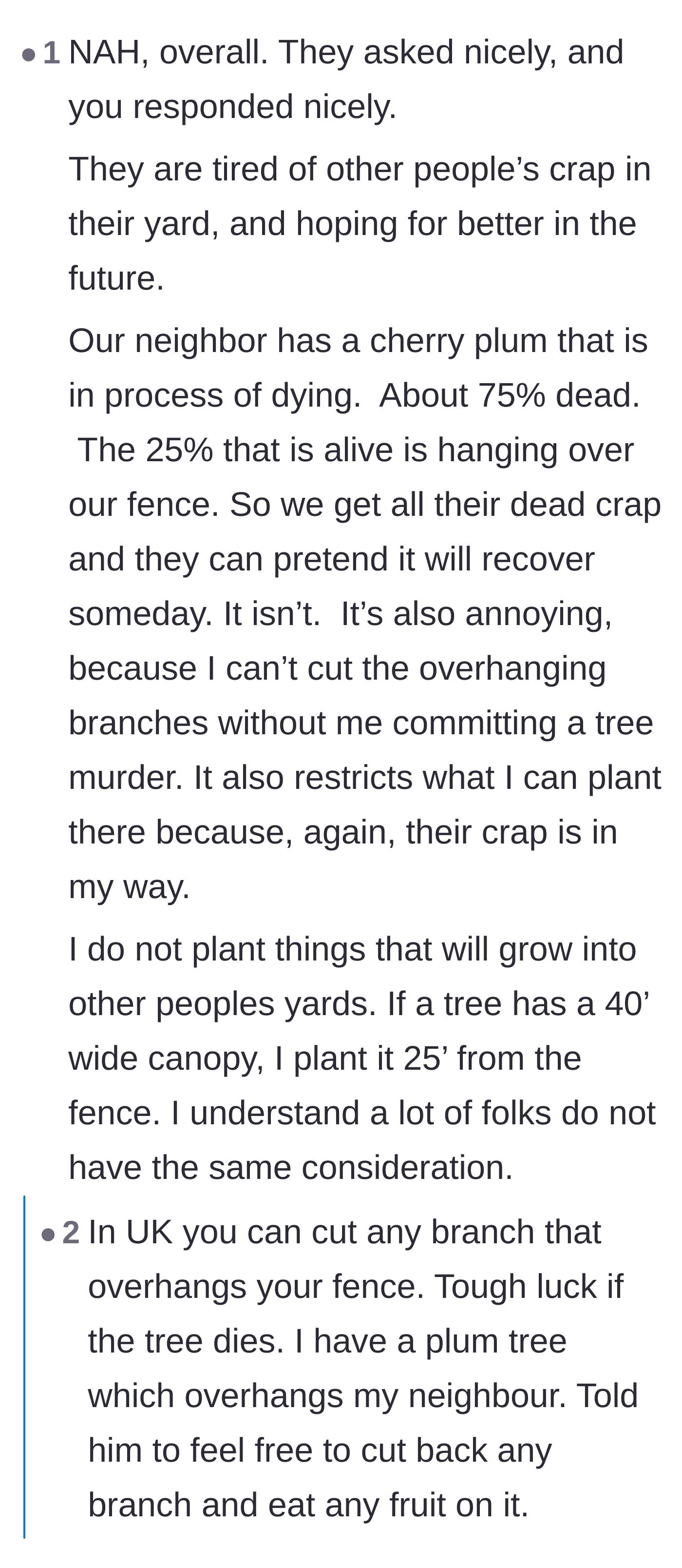 Comment thread 6 - Readers swapping horror stories about property damage from dead trees and invasive vines creeping over fences.
