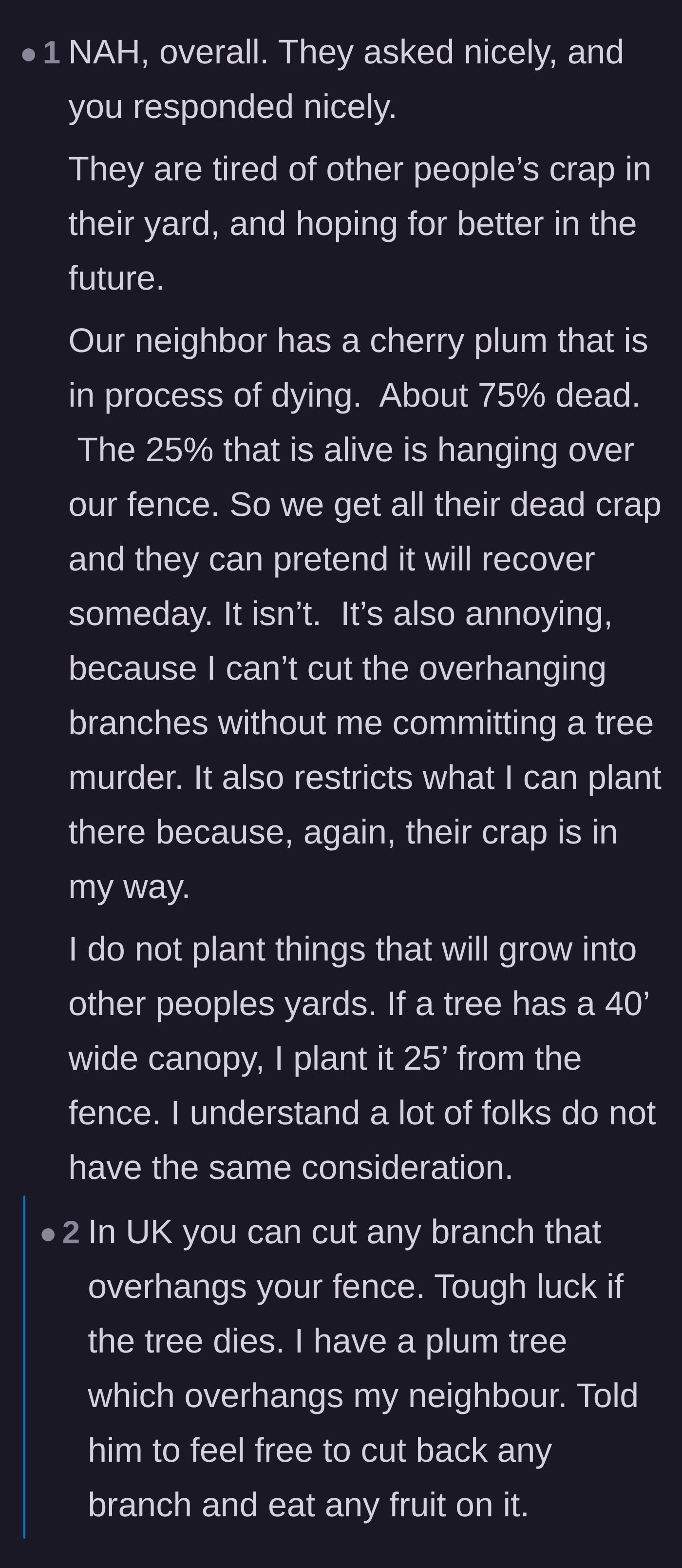 Comment thread 6 - Readers swapping horror stories about property damage from dead trees and invasive vines creeping over fences.
