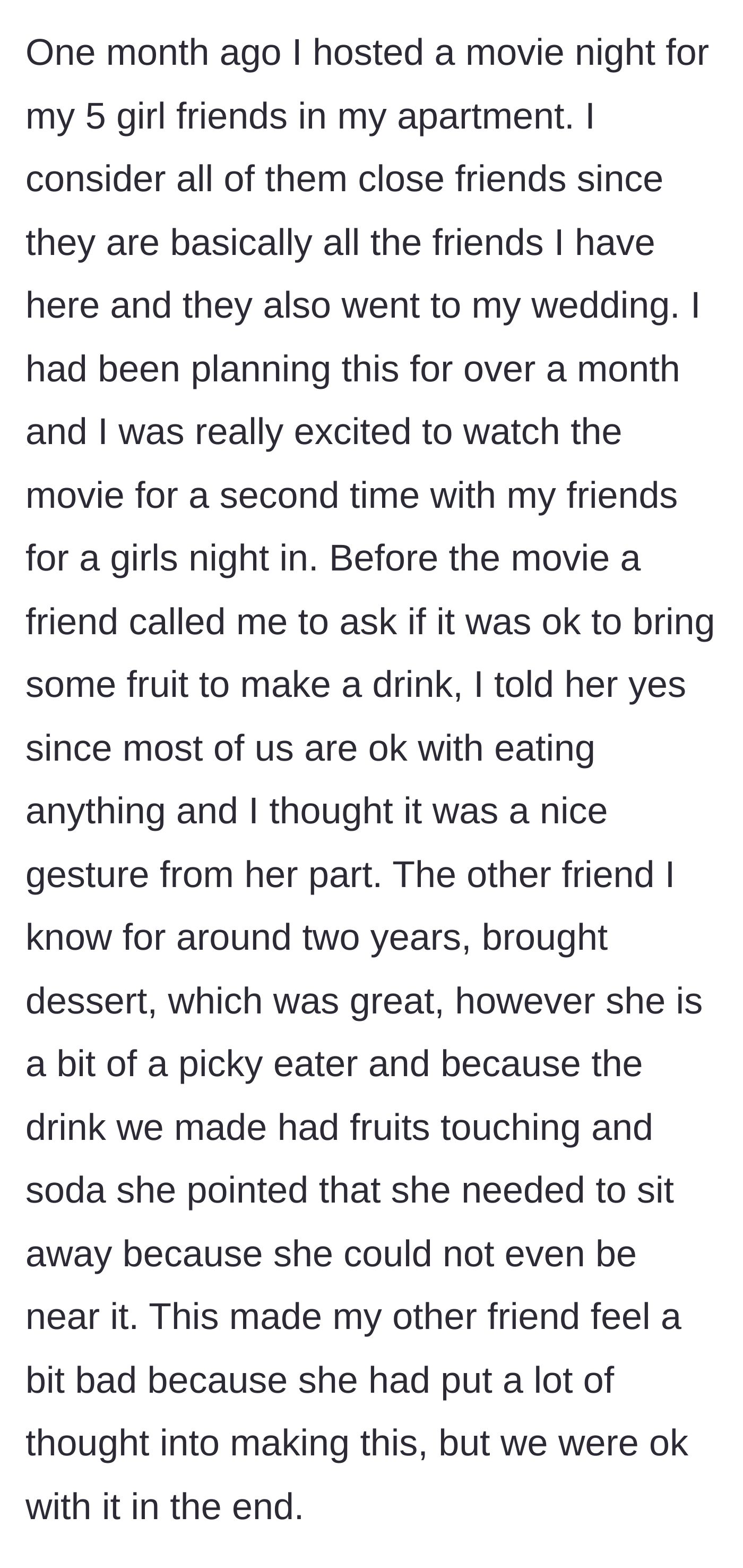 Story part 1 - A group of friends setting up drinks and snacks for a movie night while one friend refuses to sit near a fruit drink.