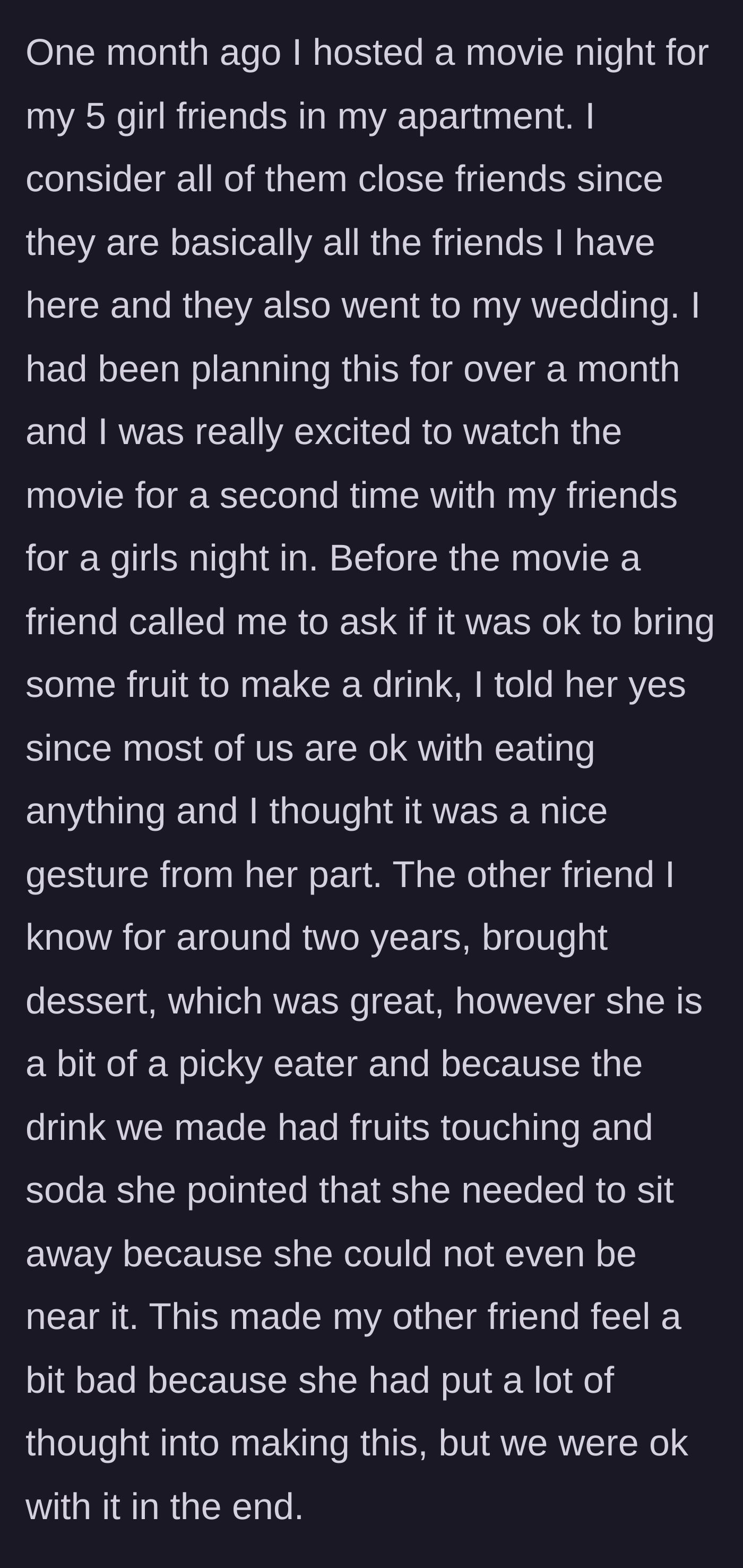 Story part 1 - A group of friends setting up drinks and snacks for a movie night while one friend refuses to sit near a fruit drink.