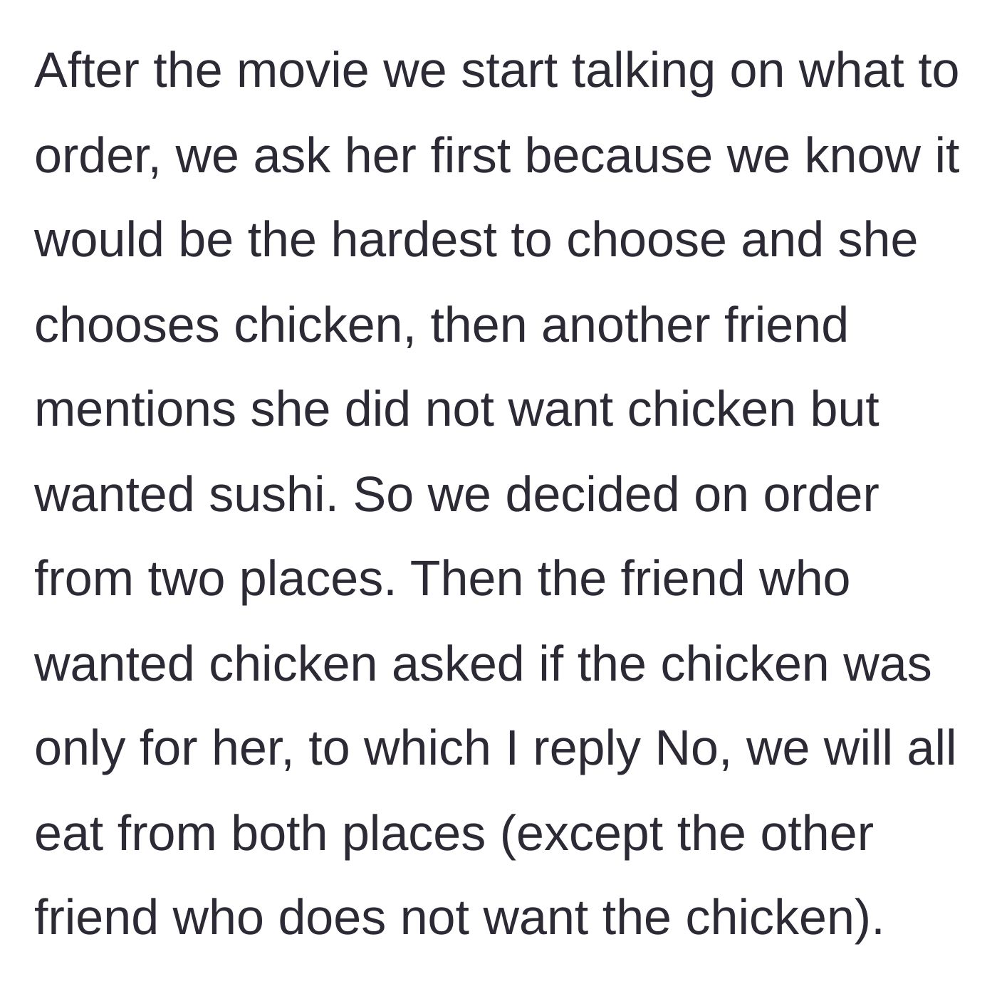 Story part 2 - Friends discussing takeout options and deciding to order from both a chicken and a sushi restaurant to make everyone happy.