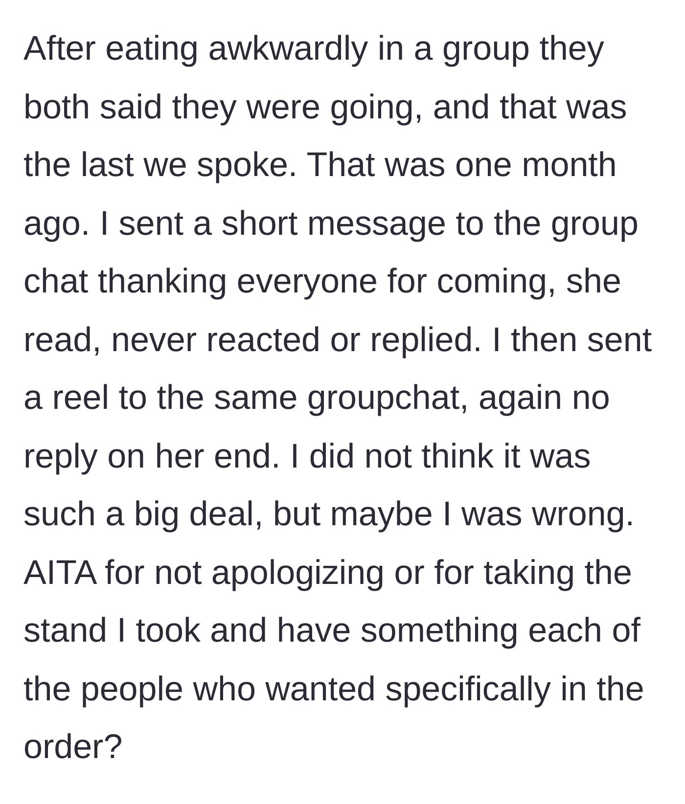 Story part 4 - Two friends leaving awkwardly after dinner, followed by ghosting the group chat for a whole month.