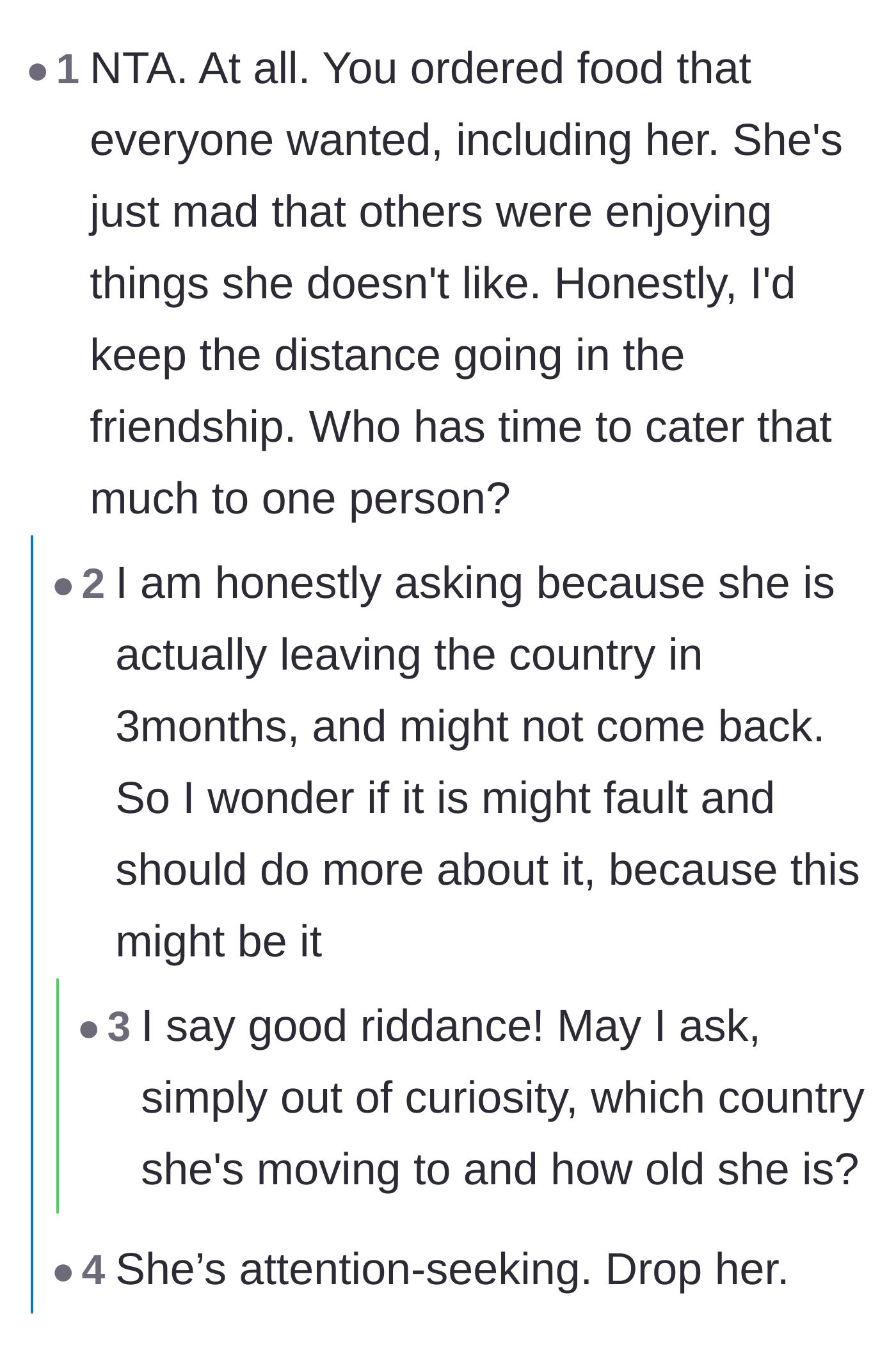 Comment thread 1 - A discussion about how accommodating a picky friend shouldn't mean restricting everyone else, with commenters celebrating the friend's upcoming move abroad.