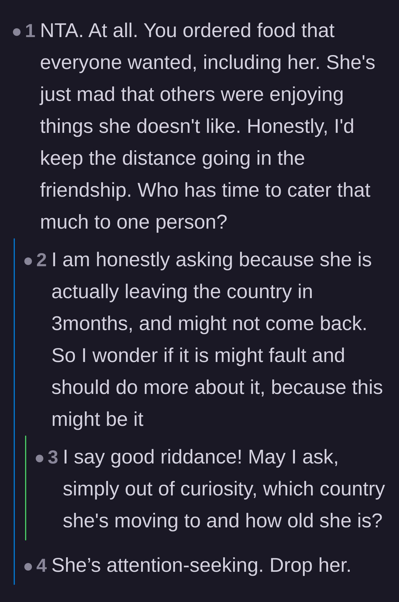 Comment thread 1 - A discussion about how accommodating a picky friend shouldn't mean restricting everyone else, with commenters celebrating the friend's upcoming move abroad.