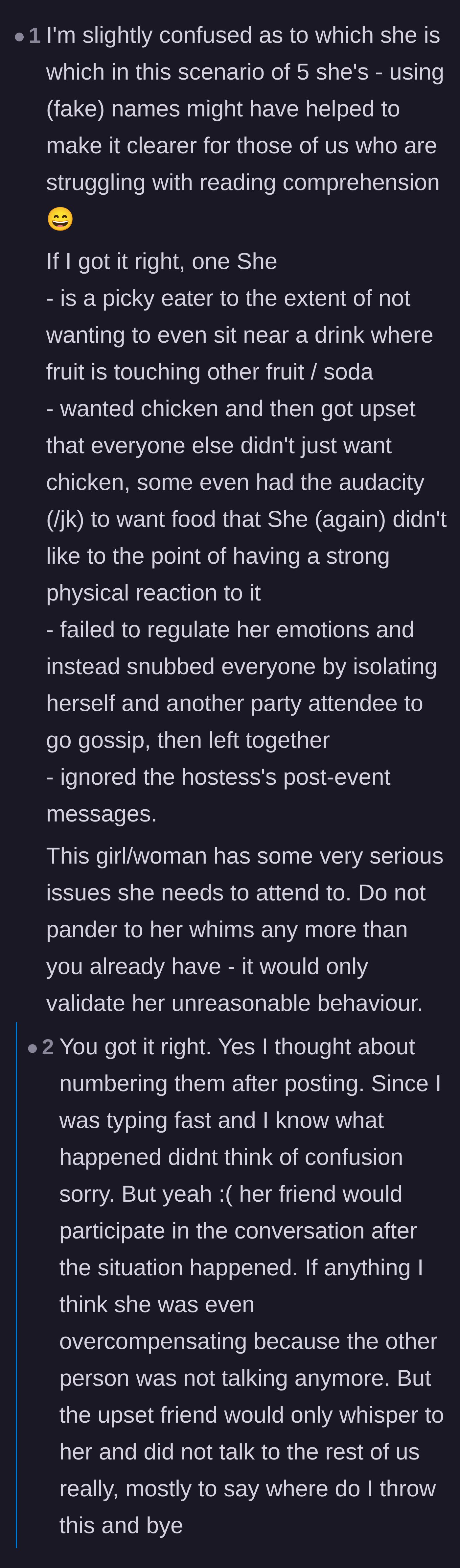 Comment thread 3 - A bulleted breakdown of the friend's ridiculous behavior, from the fruit-touching phobia to isolating herself to gossip.