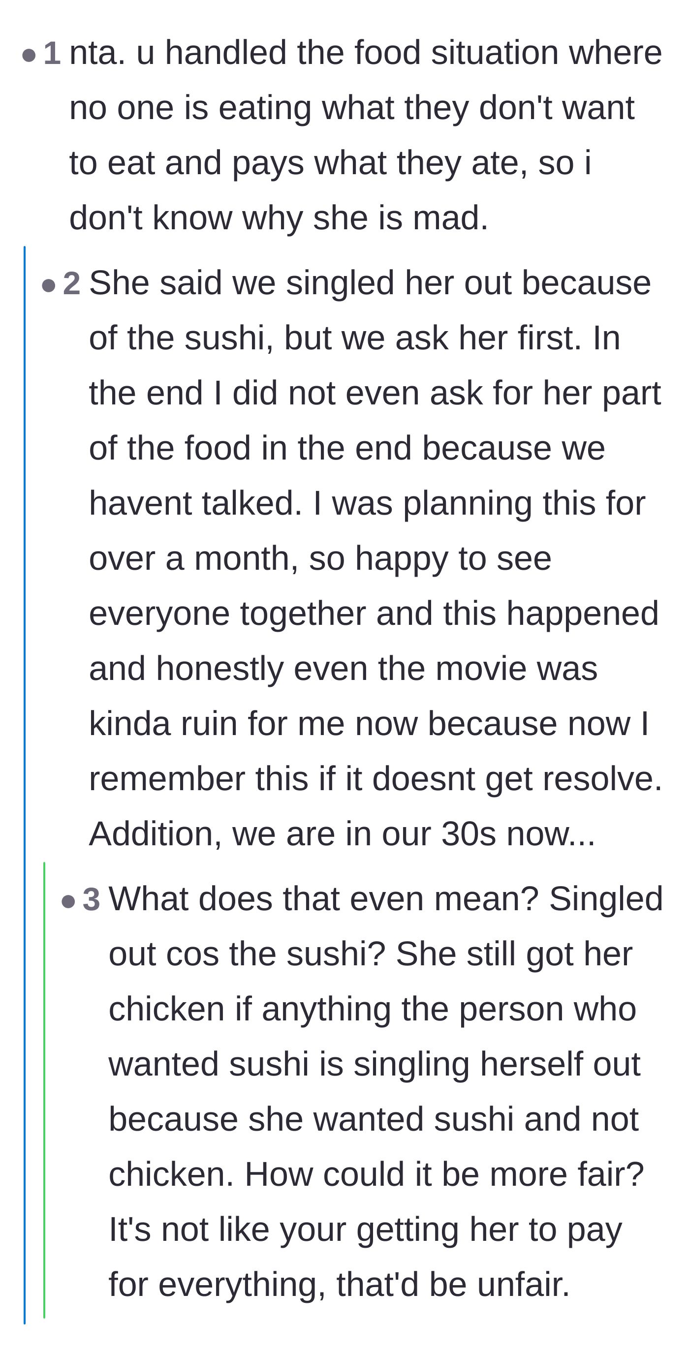 Comment thread 5 - A thread reassuring the host she handled the food split perfectly and shouldn't feel an ounce of guilt.