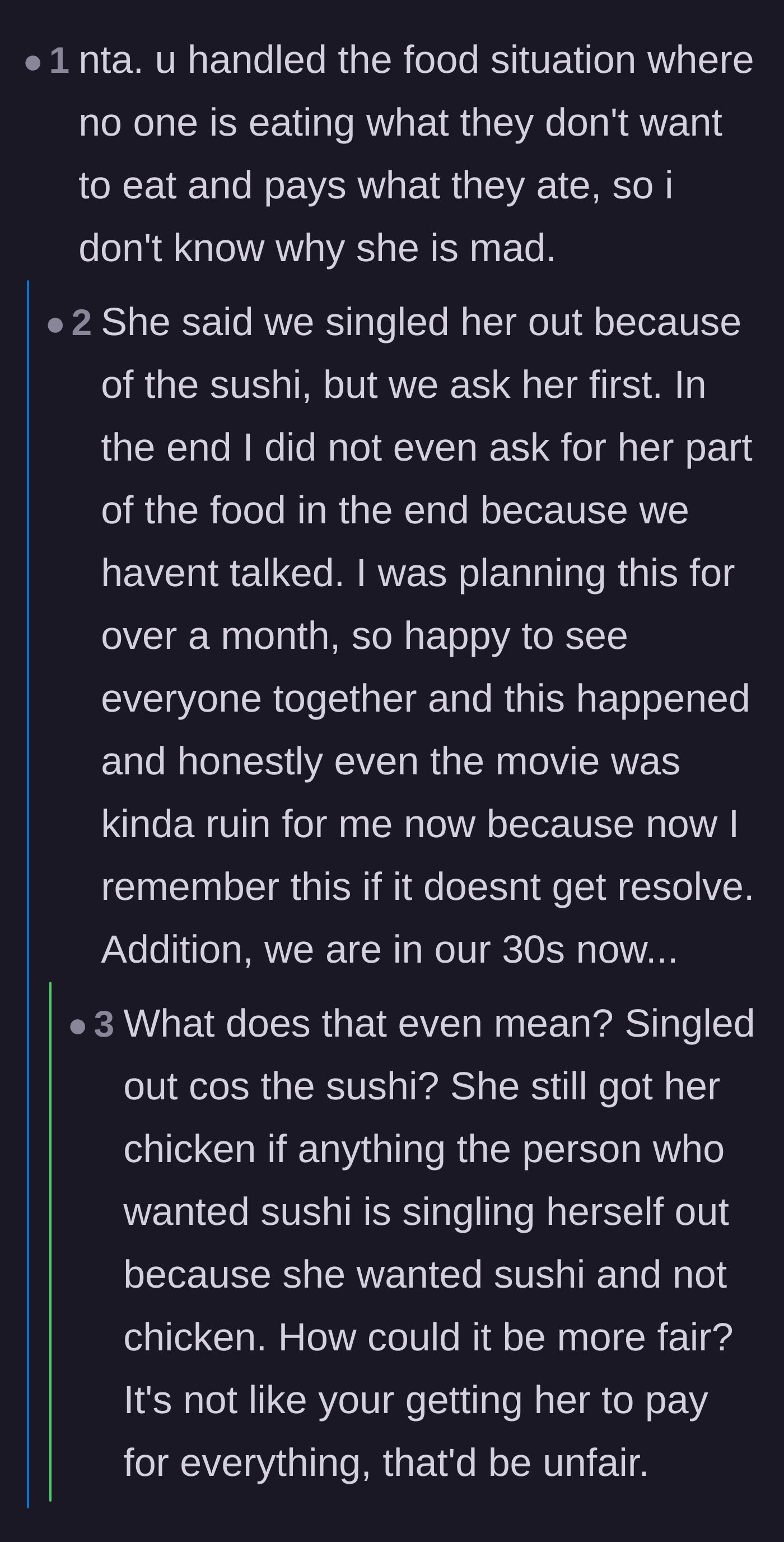 Comment thread 5 - A thread reassuring the host she handled the food split perfectly and shouldn't feel an ounce of guilt.