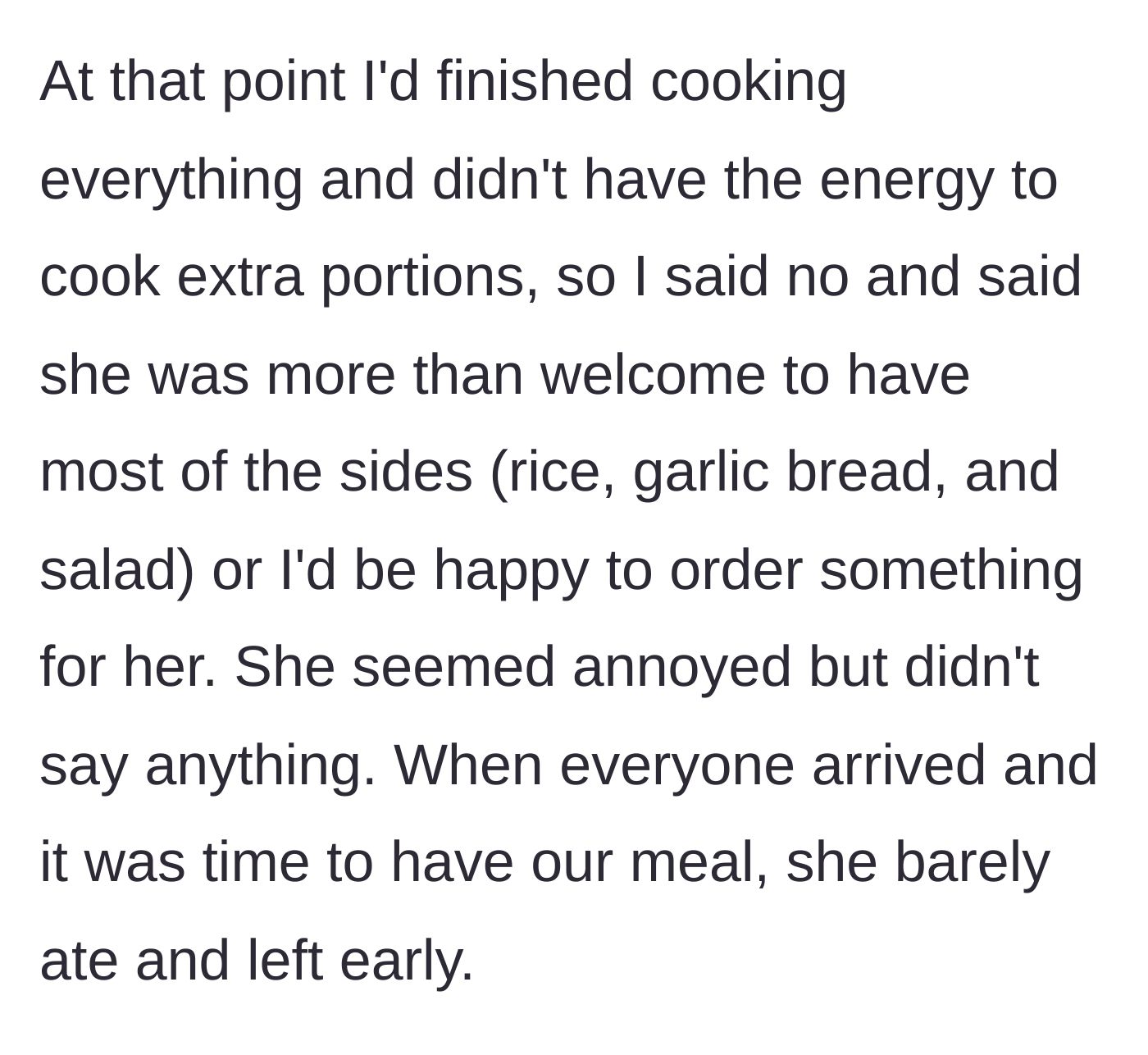 Story part 3 - The host refuses the extra cooking but offers sides or takeout; Luna gets annoyed, barely eats, and leaves early.