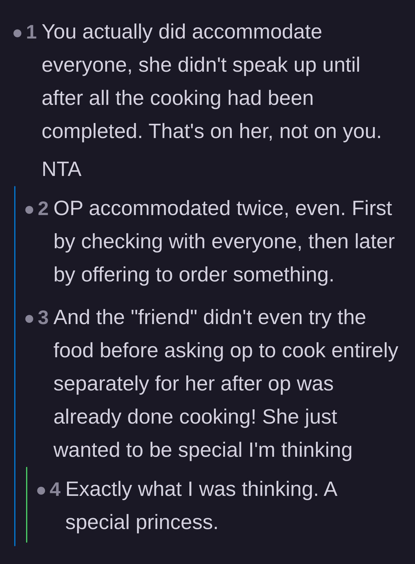 Comment thread 1 - Readers call out the guest for wanting to feel like a special princess after ignoring the host's attempts to accommodate her.