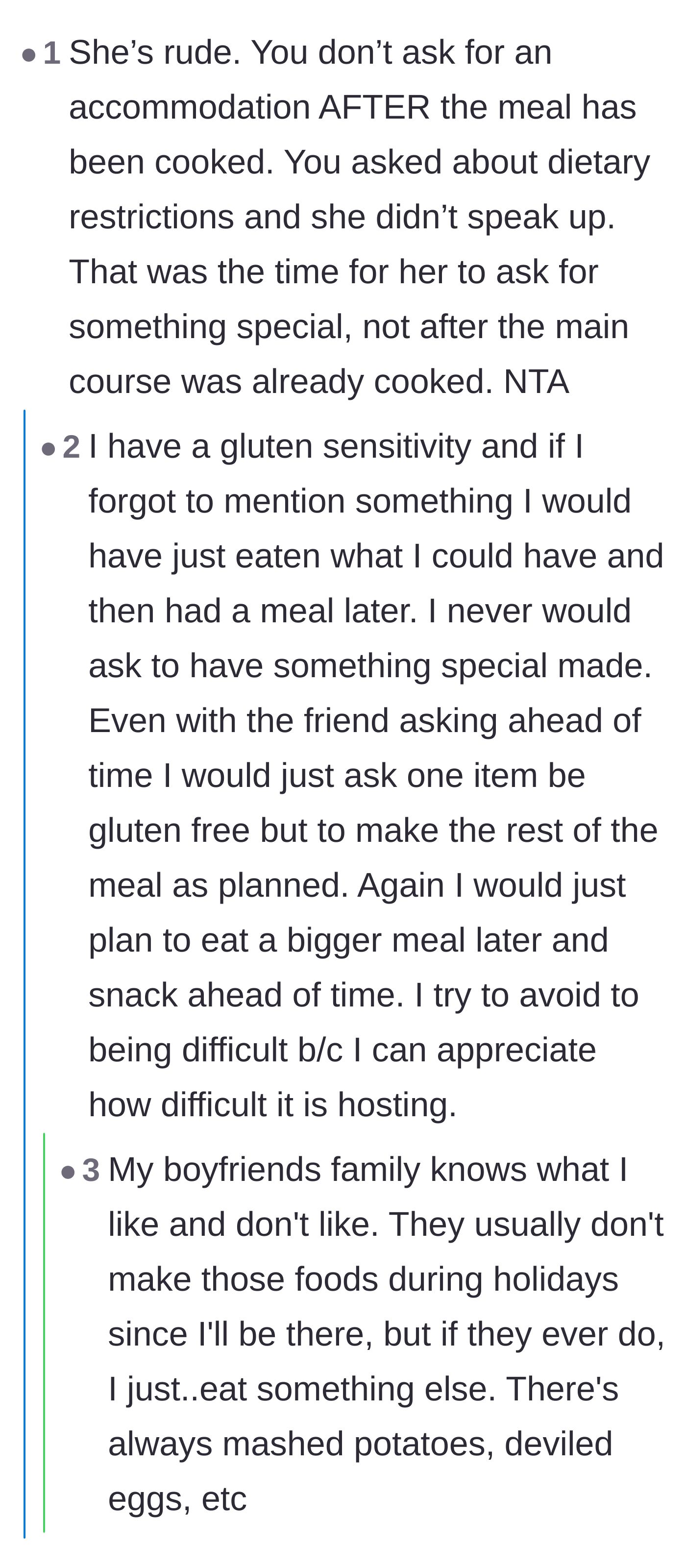 Comment thread 3 - Discussion on the rudeness of asking for accommodations after the meal is cooked, with examples from polite guests.