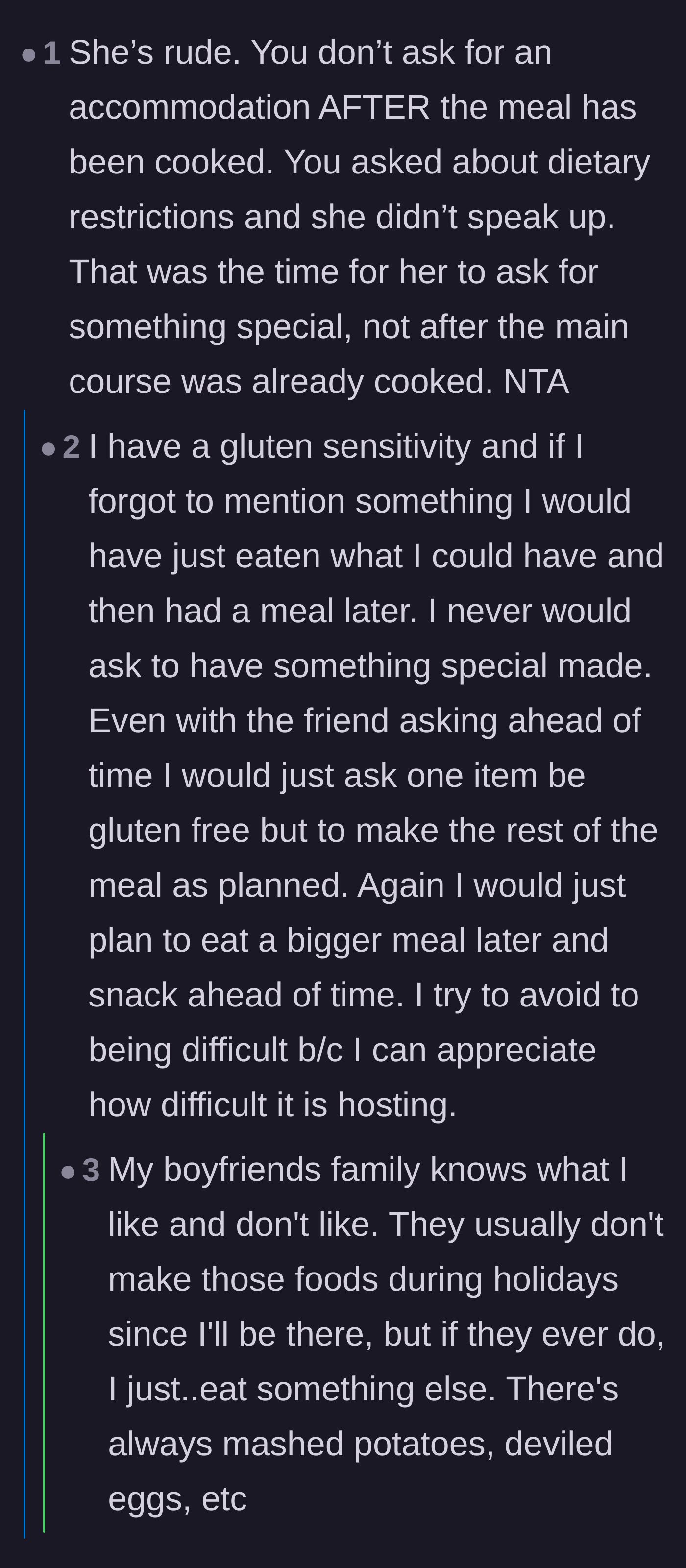 Comment thread 3 - Discussion on the rudeness of asking for accommodations after the meal is cooked, with examples from polite guests.