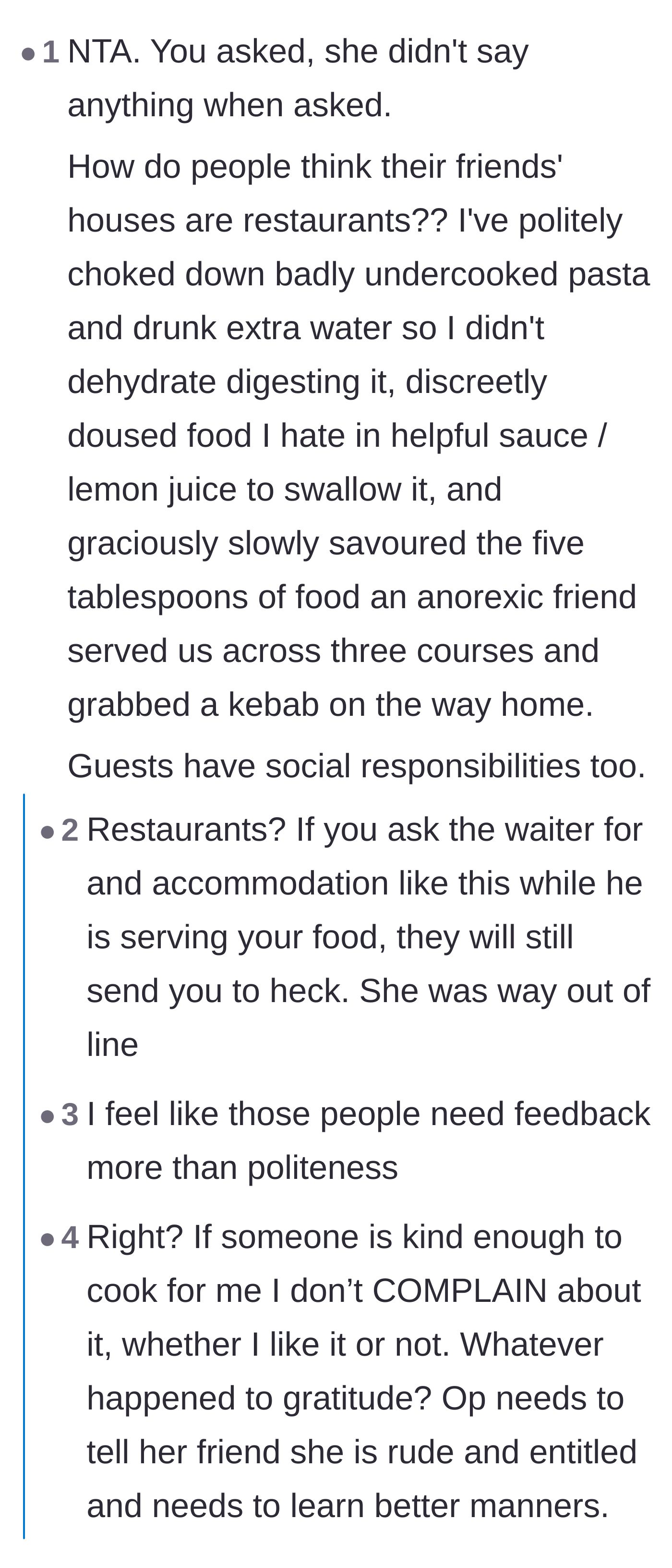 Comment thread 4 - Readers argue that friends' houses aren't restaurants and share stories of politely eating bad food.