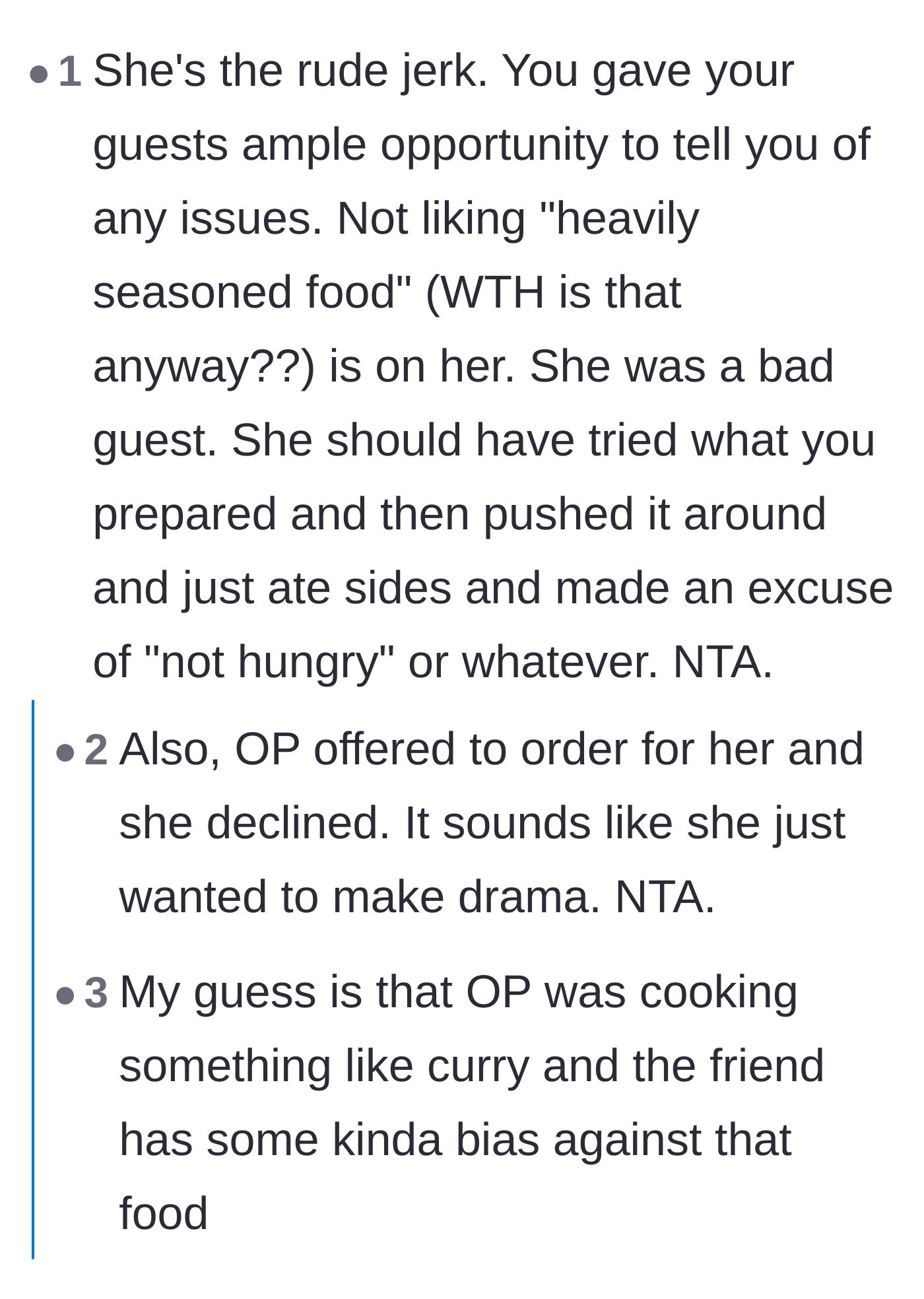 Comment thread 5 - Speculation that the guest was just looking for drama and questioning what 'heavily seasoned' even means.