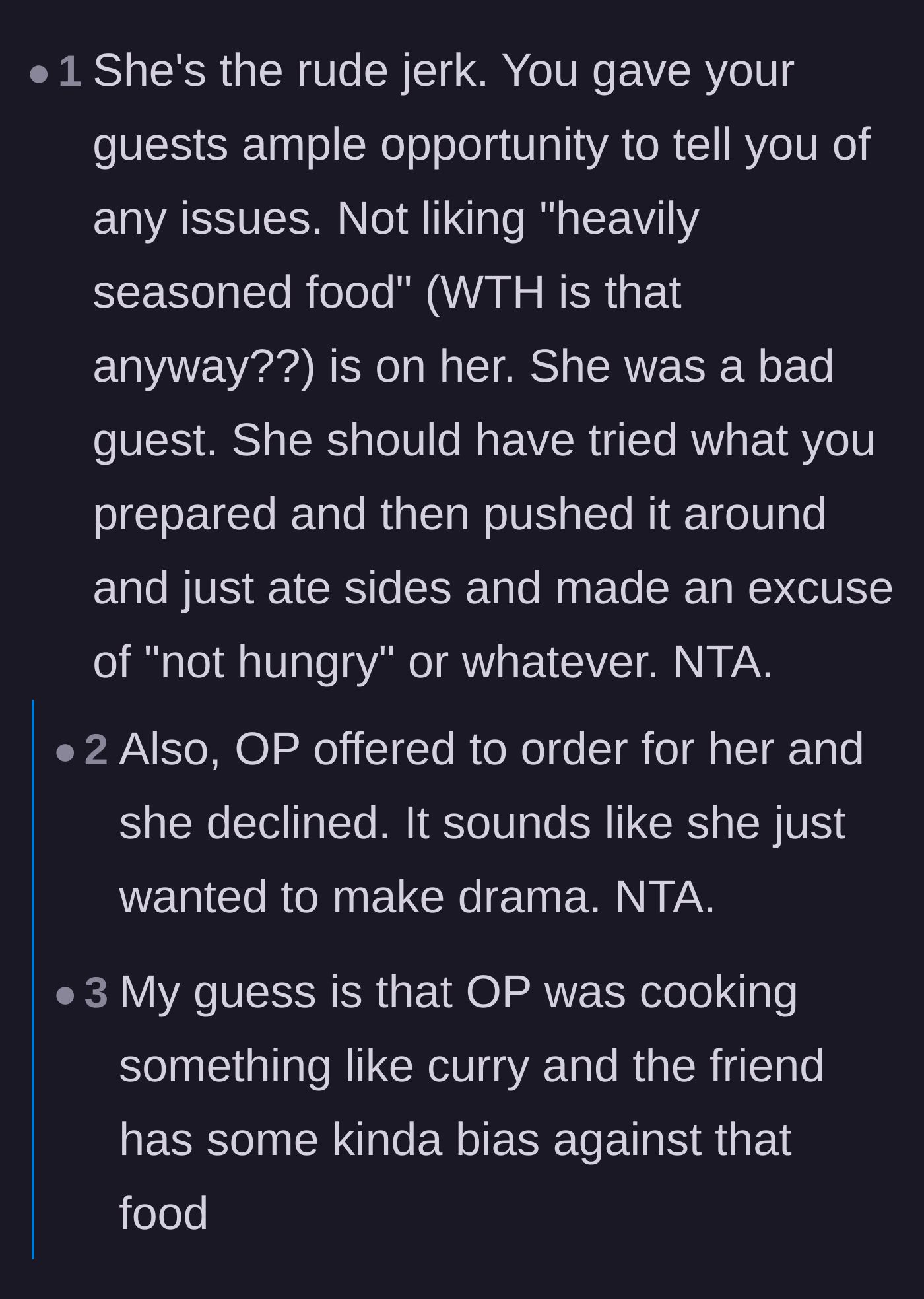 Comment thread 5 - Speculation that the guest was just looking for drama and questioning what 'heavily seasoned' even means.
