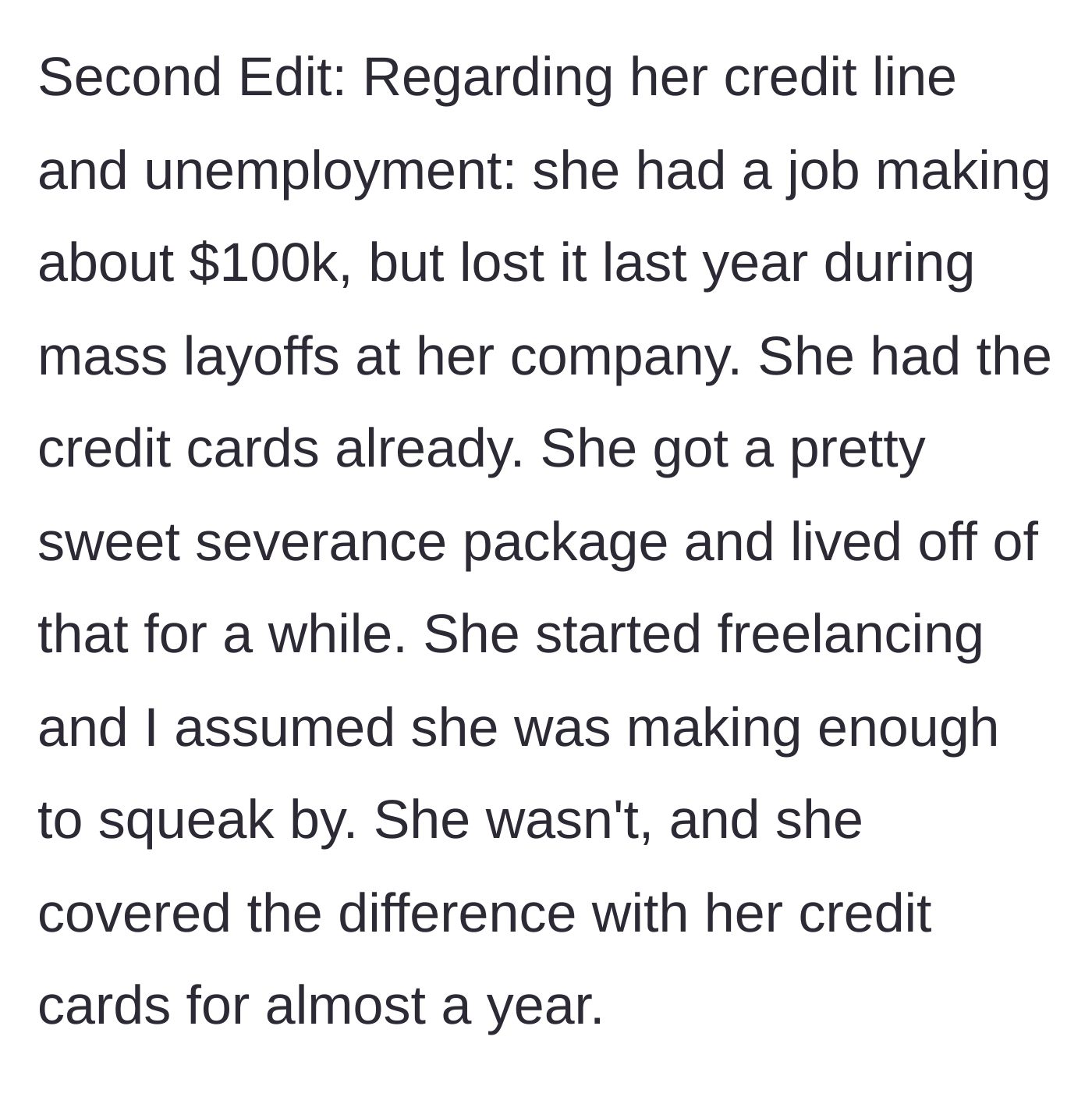 Story part 5 - Wife lost a $100k job, blew through severance, and secretly lived on credit cards for a year.