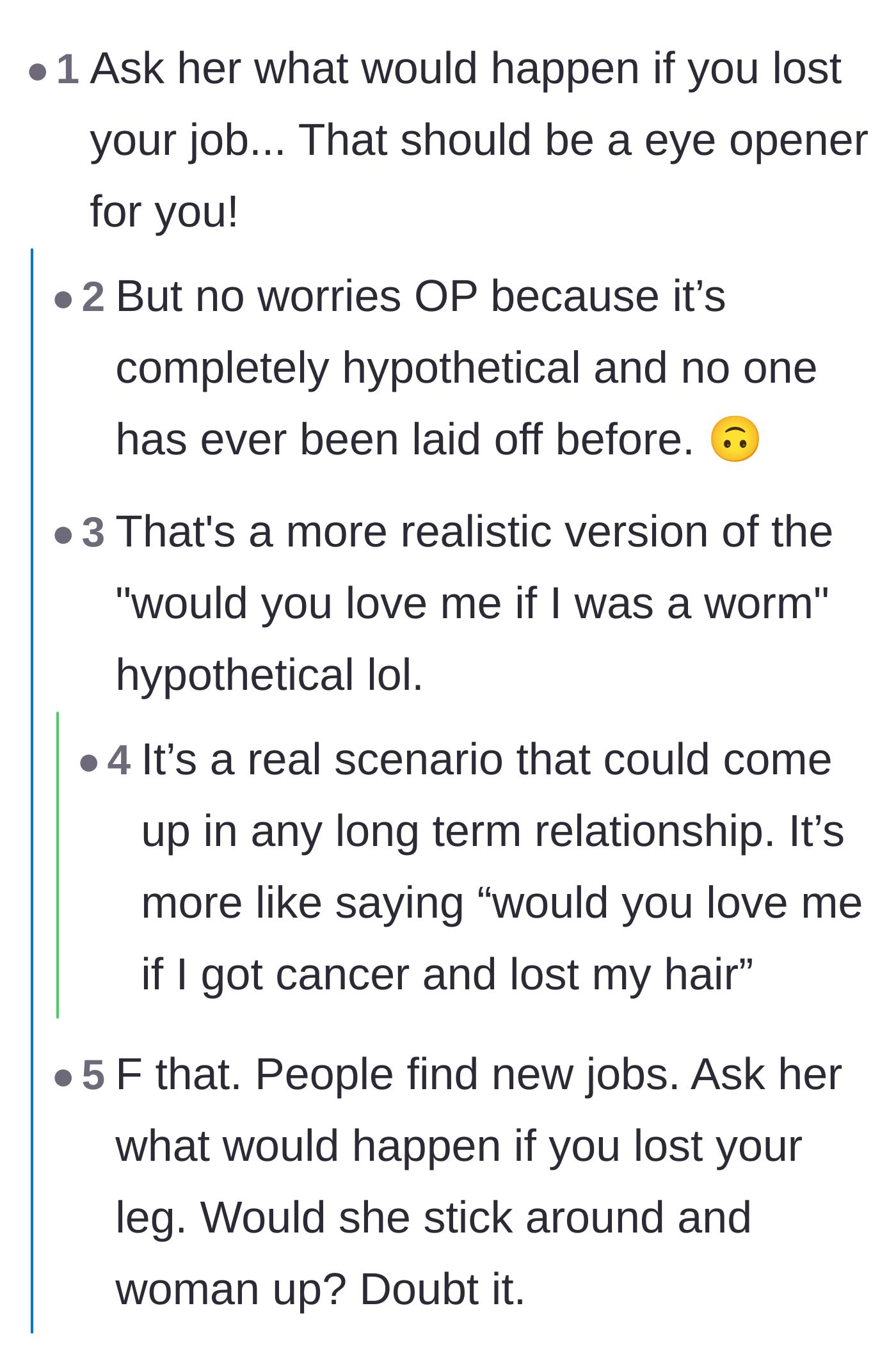 Comment thread 2 - Commenters discussing the realistic hypothetical of the husband losing his job or getting sick.