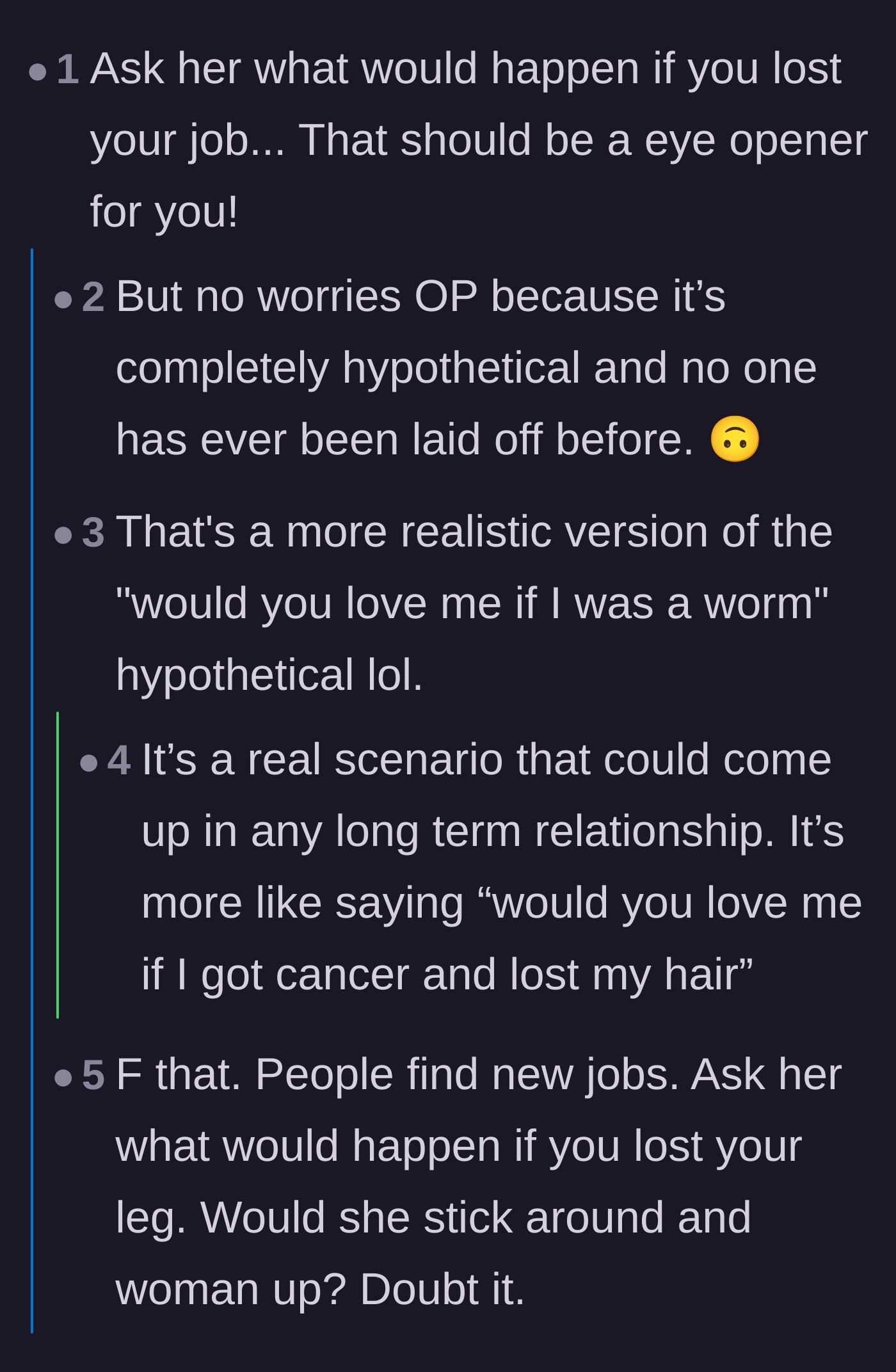 Comment thread 2 - Commenters discussing the realistic hypothetical of the husband losing his job or getting sick.