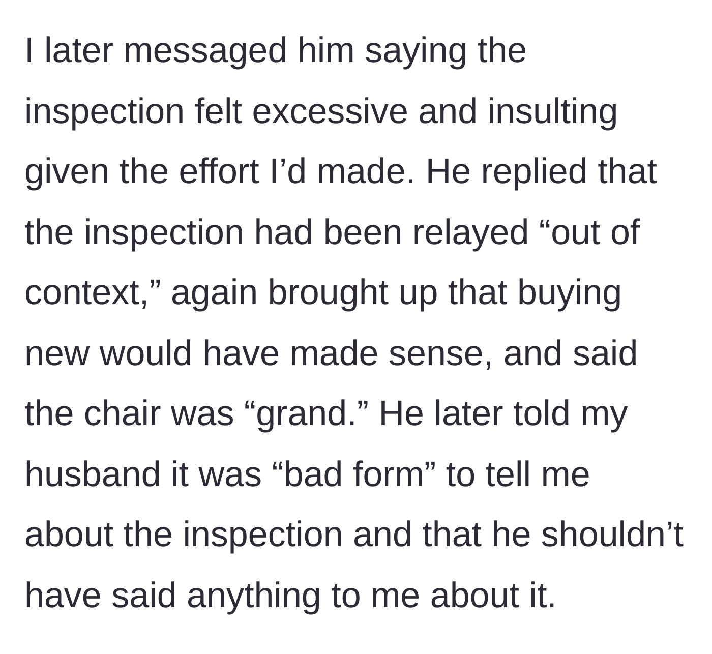 Story part 4 - The main character texts the brother-in-law to express her frustration, and he deflects by blaming her husband for telling her about the inspection.