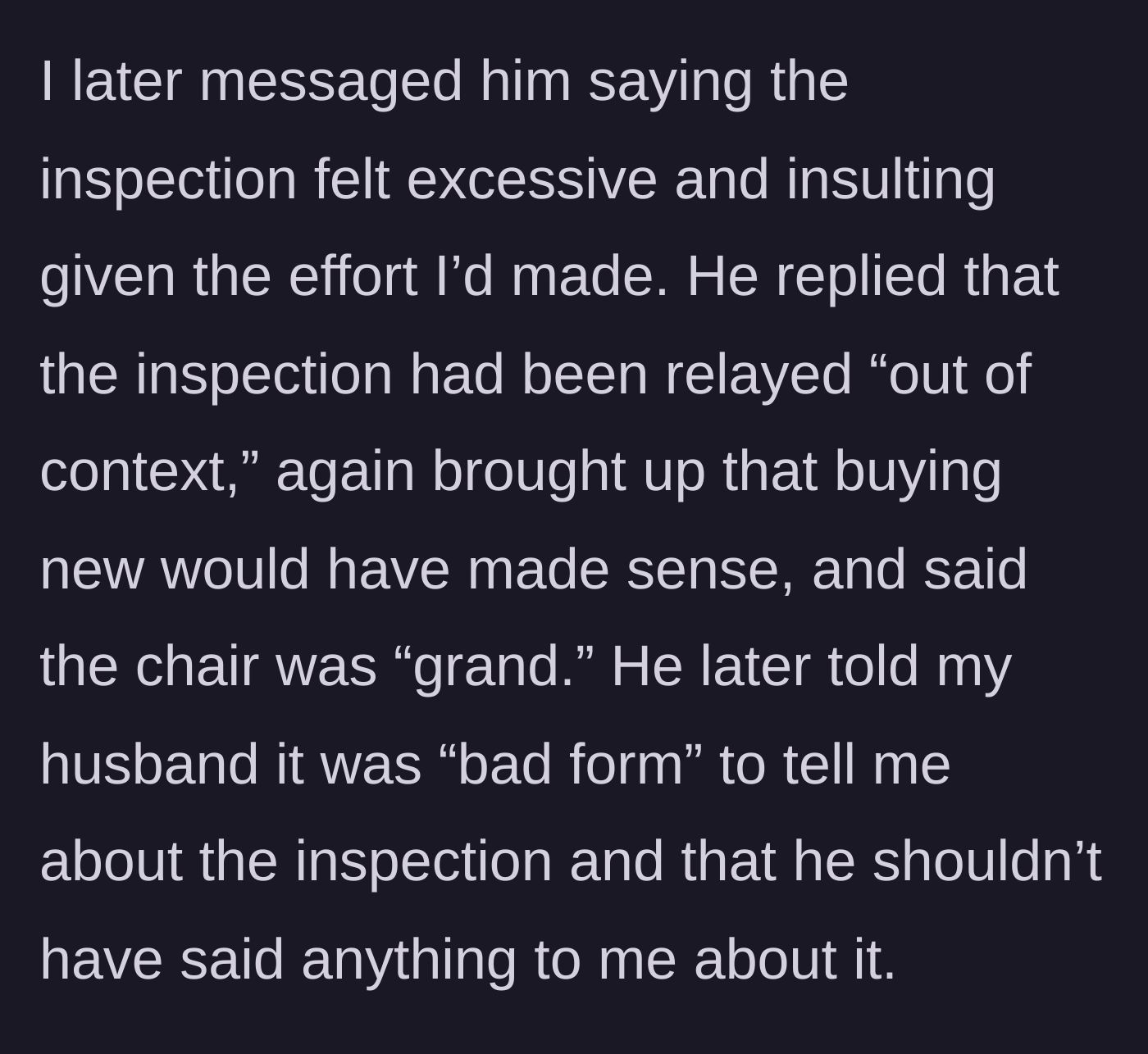 Story part 4 - The main character texts the brother-in-law to express her frustration, and he deflects by blaming her husband for telling her about the inspection.