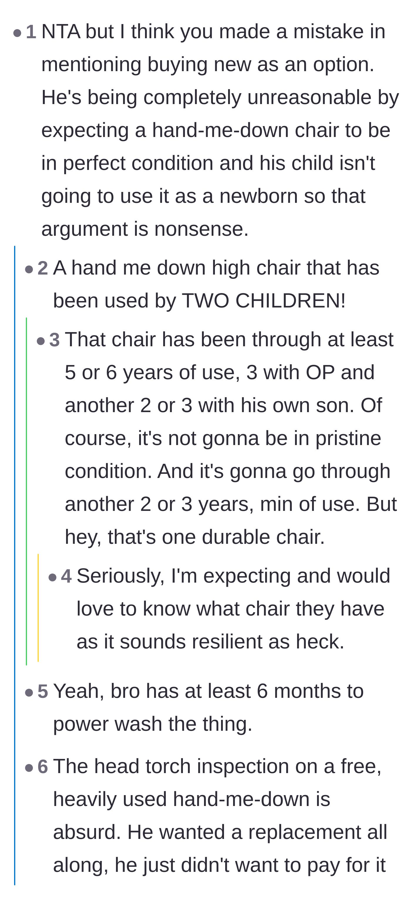 Comment thread 1 - Readers mocking the brother-in-law's expectation that a high chair used by multiple toddlers would remain in pristine condition.
