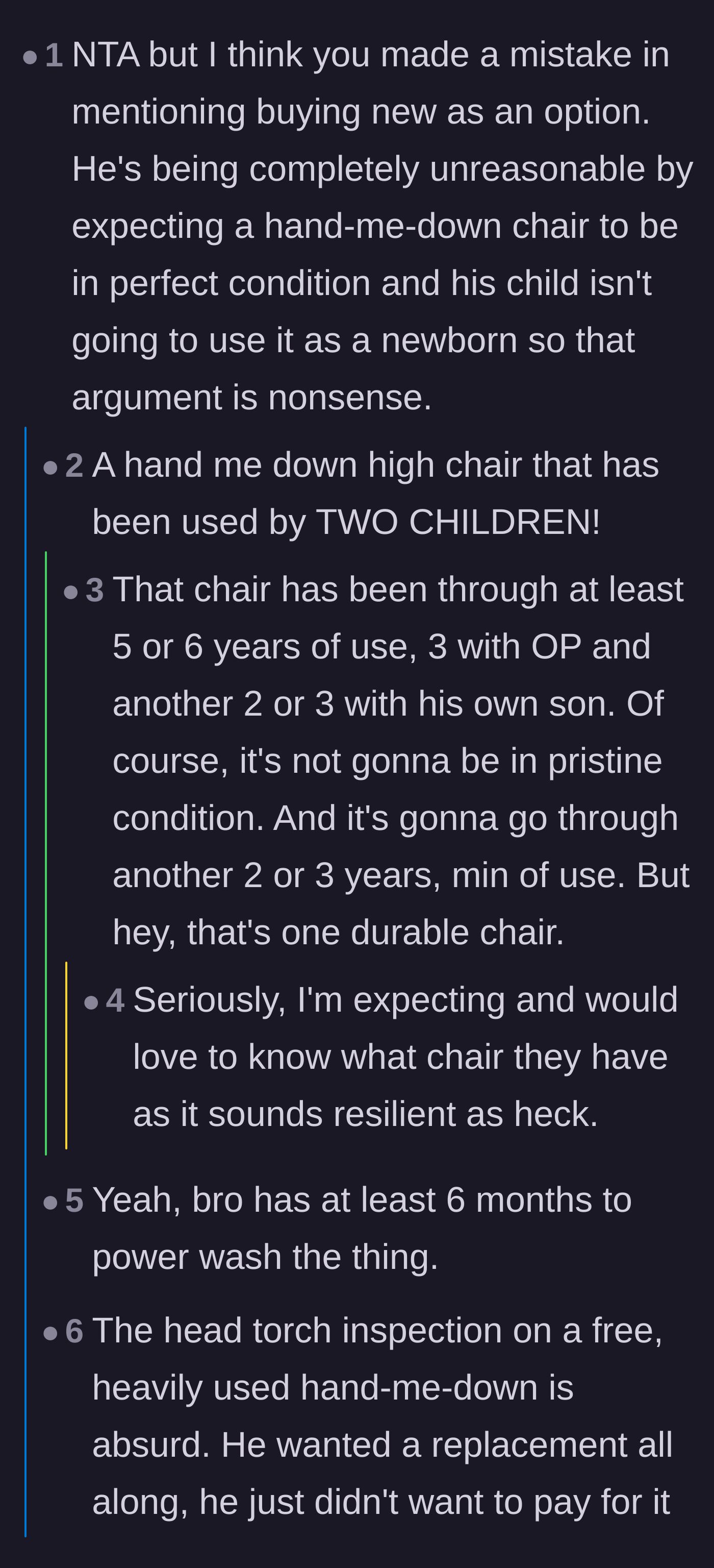 Comment thread 1 - Readers mocking the brother-in-law's expectation that a high chair used by multiple toddlers would remain in pristine condition.