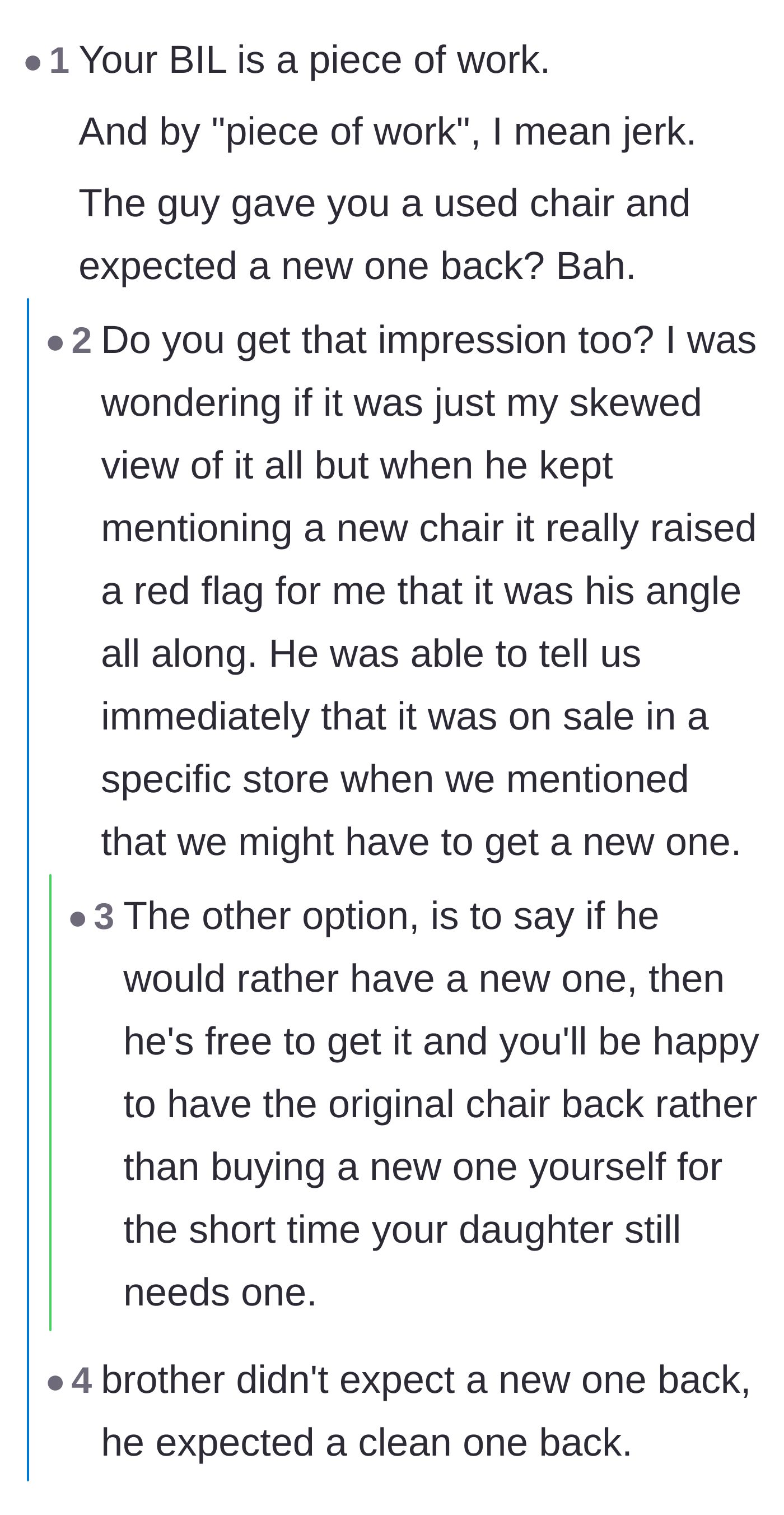 Comment thread 2 - A discussion breaking down the brother-in-law's likely timeline of giving away the chair just to secure a free new one later.
