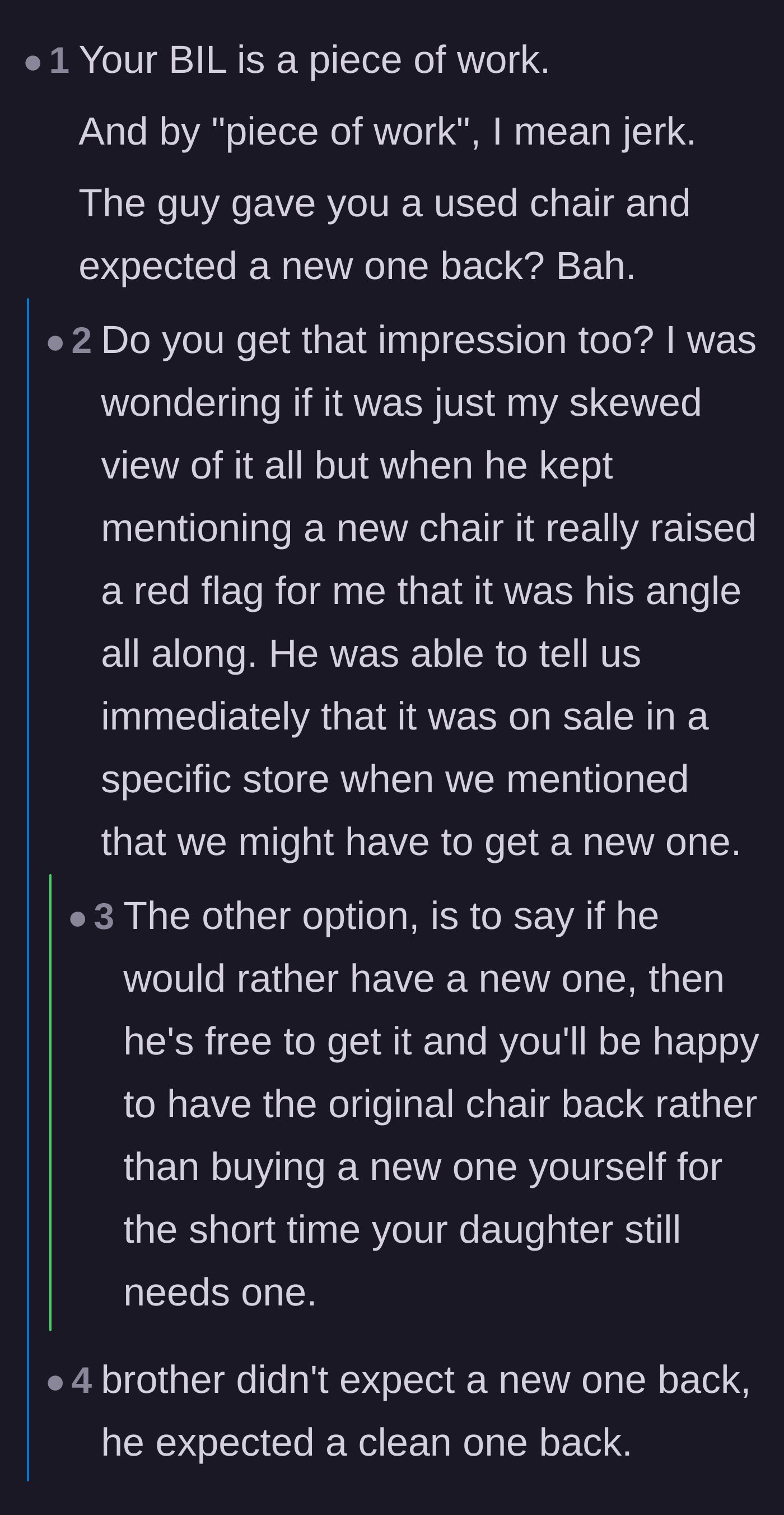 Comment thread 2 - A discussion breaking down the brother-in-law's likely timeline of giving away the chair just to secure a free new one later.