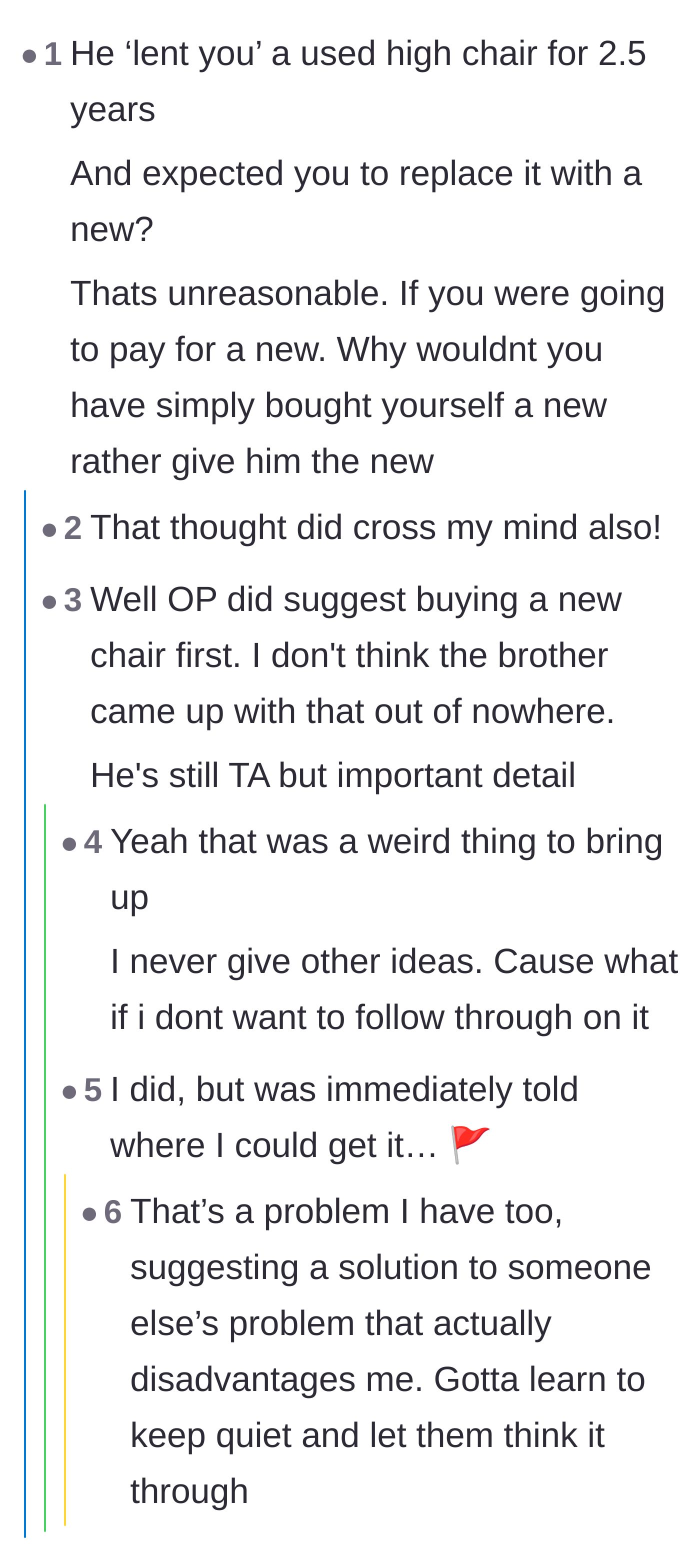 Comment thread 5 - A critical look at the main character's mistake of offering to buy a new chair and how the brother-in-law instantly capitalized on it.