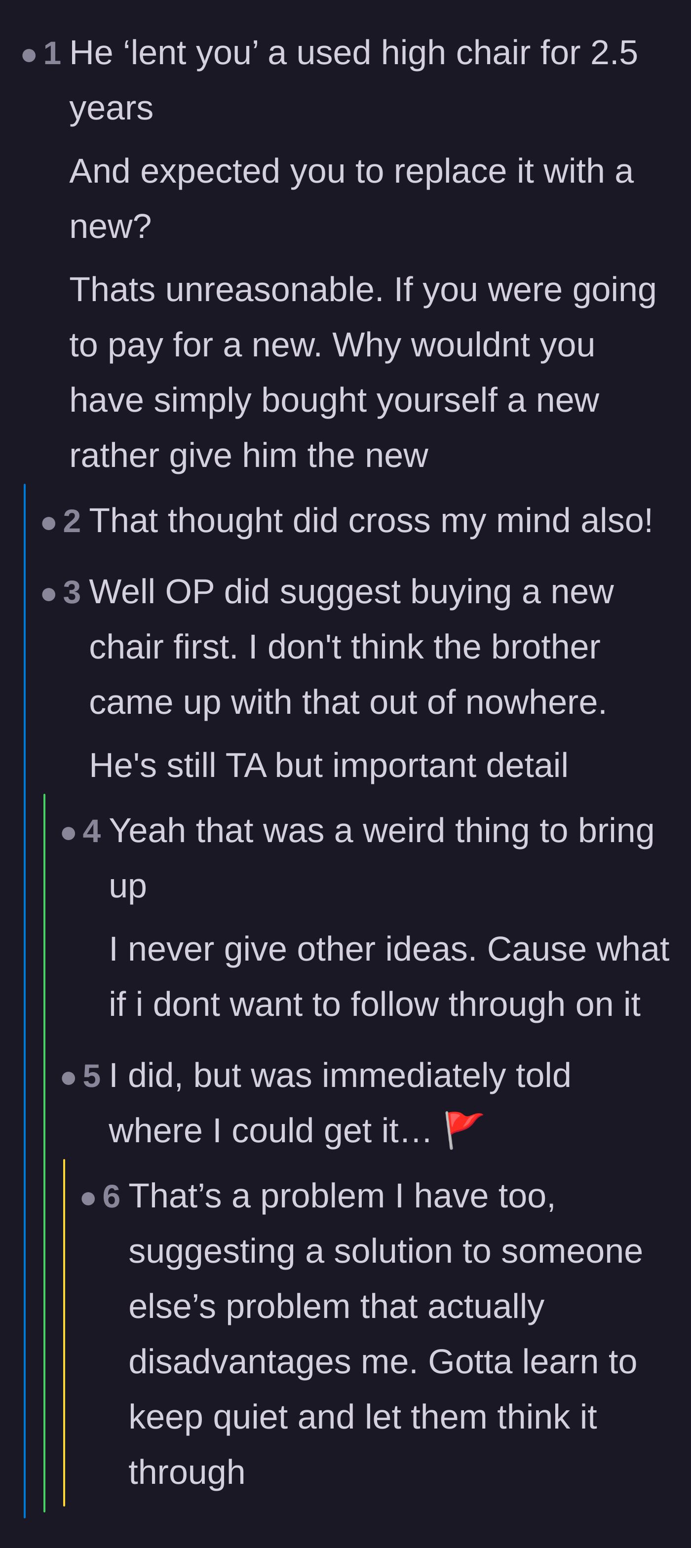 Comment thread 5 - A critical look at the main character's mistake of offering to buy a new chair and how the brother-in-law instantly capitalized on it.
