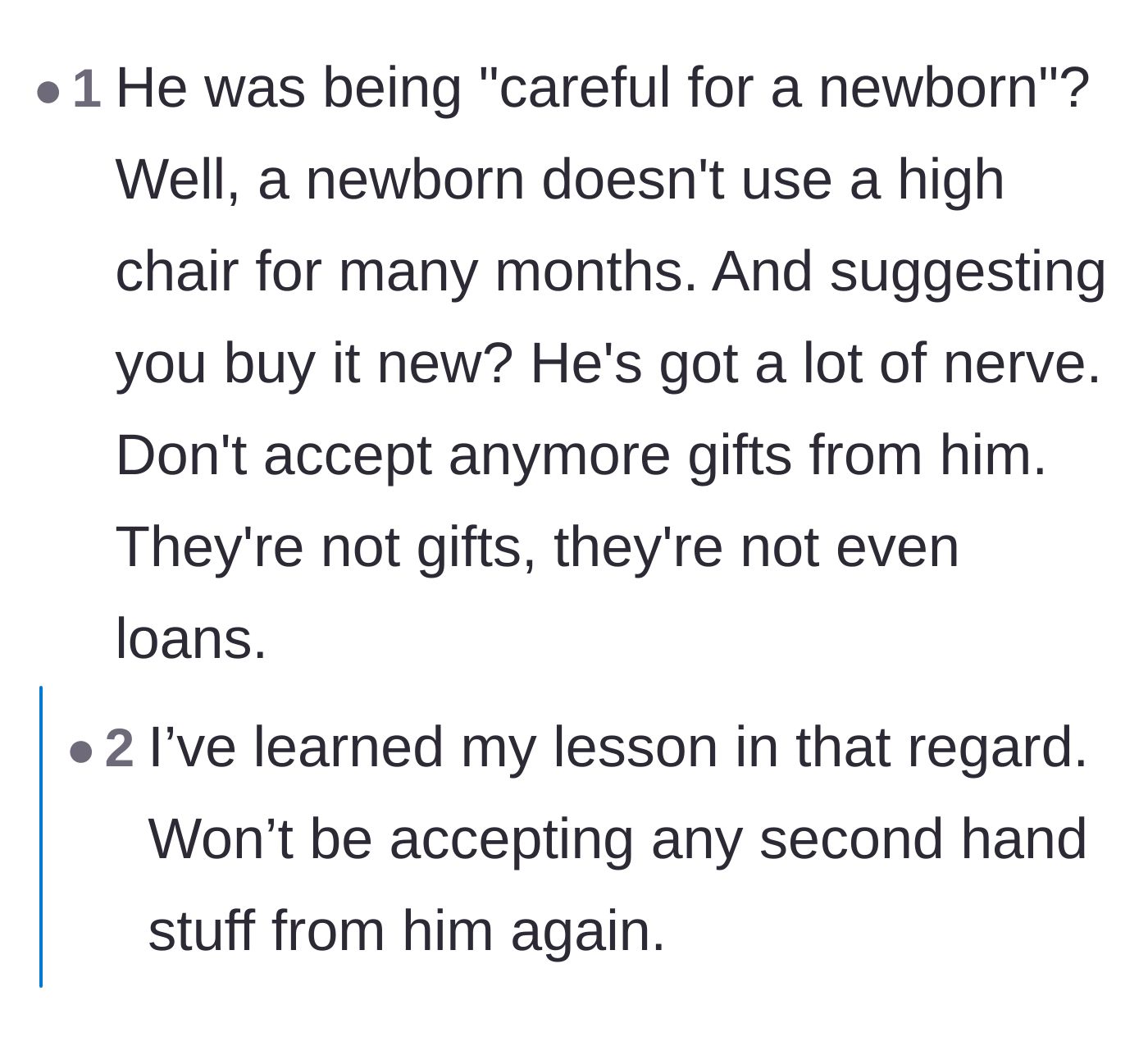 Comment thread 6 - Advice urging the main character to never accept another so-called gift from her brother-in-law again.