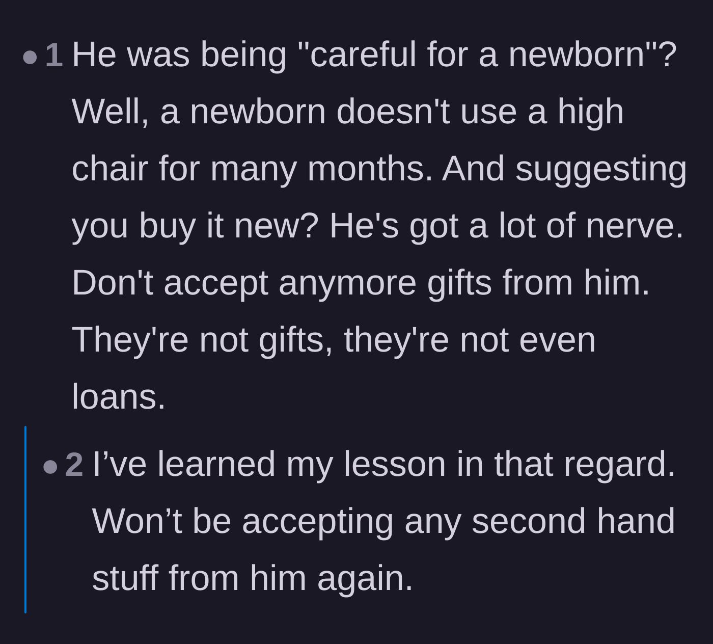 Comment thread 6 - Advice urging the main character to never accept another so-called gift from her brother-in-law again.