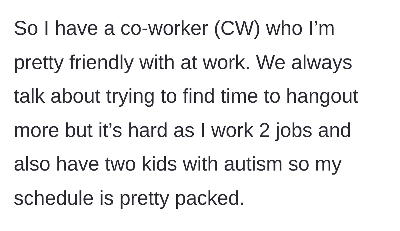 Story part 1 - Explaining the busy schedule and friendly coworker dynamic