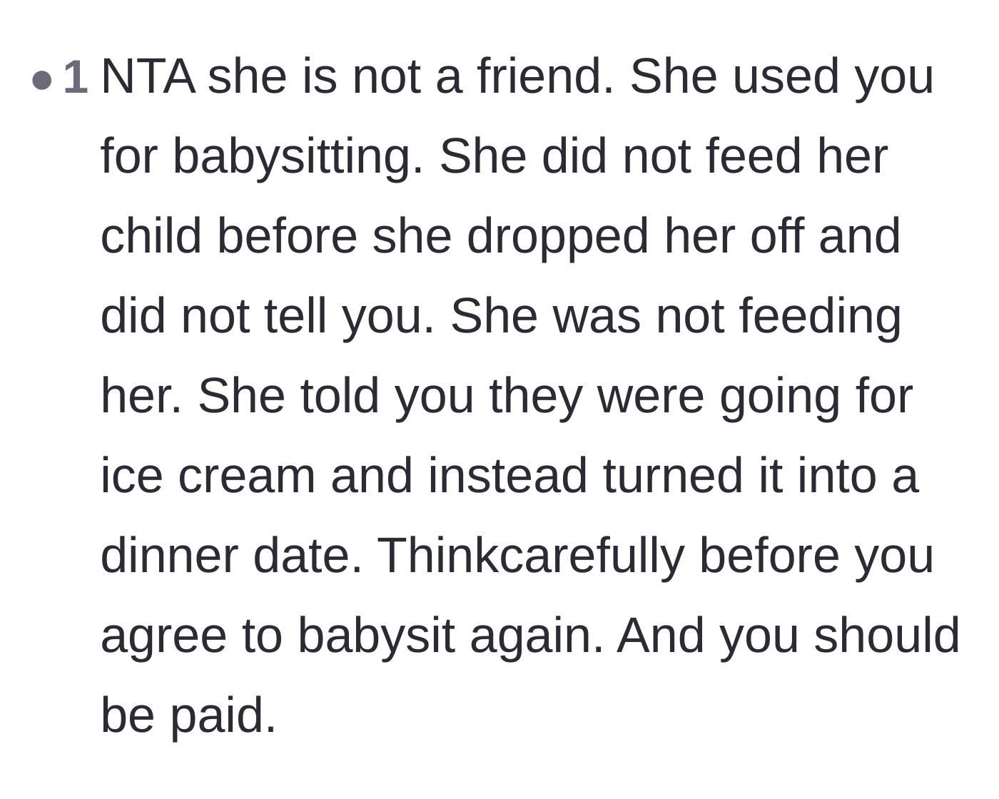 Comment thread 3 - Advice stating the coworker is a user and should be charged for babysitting.