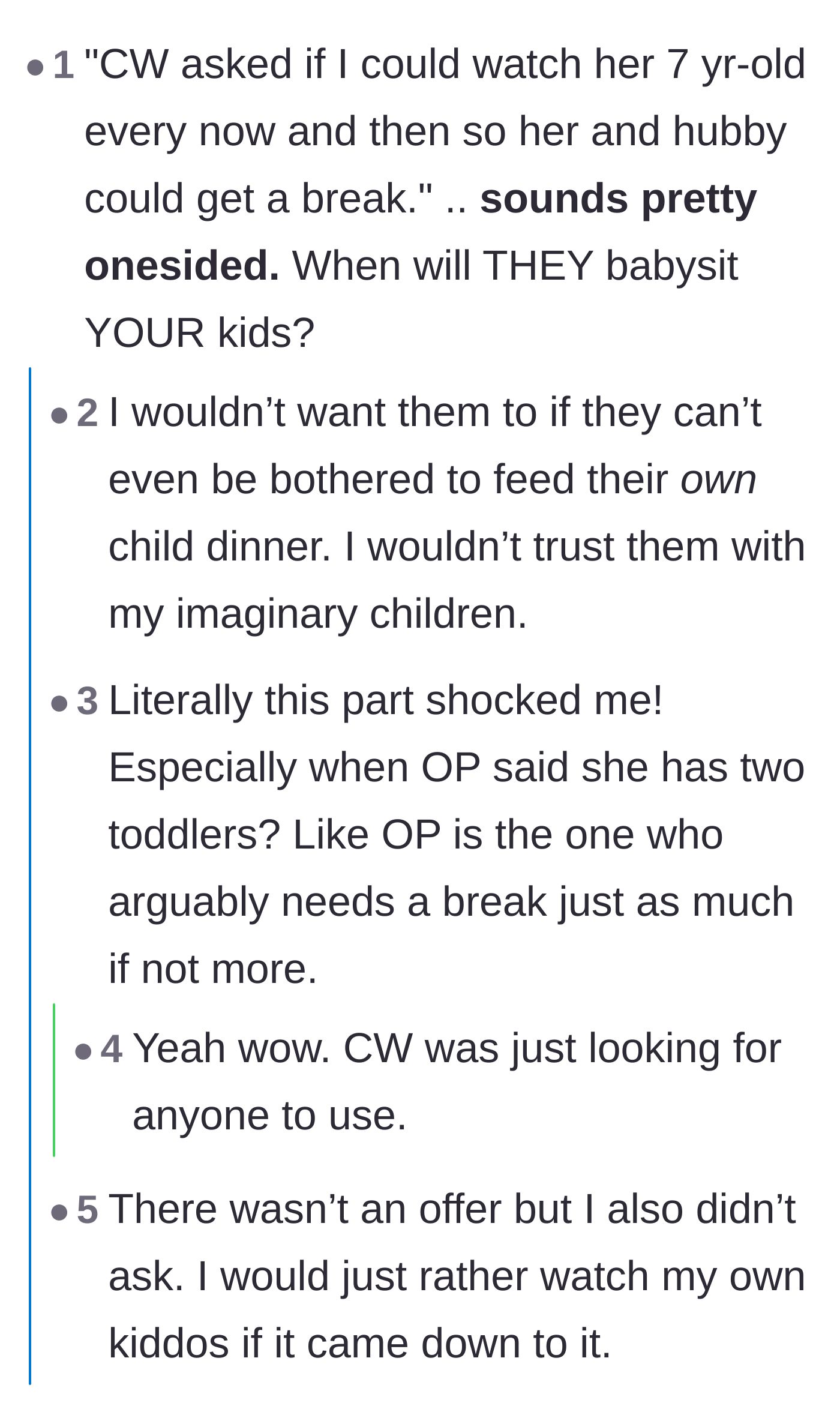 Comment thread 4 - A debate about the lack of reciprocal babysitting offers from the coworker.