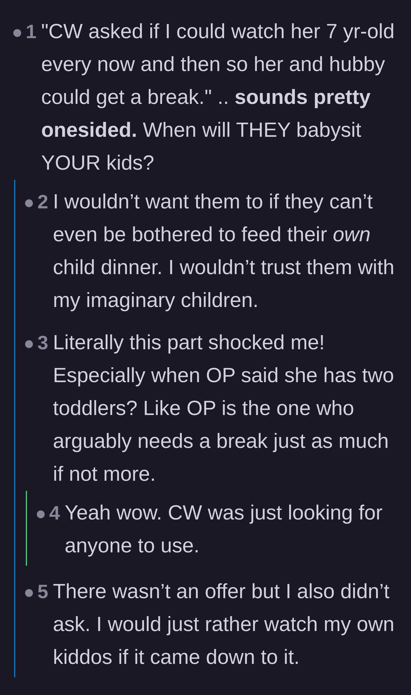Comment thread 4 - A debate about the lack of reciprocal babysitting offers from the coworker.
