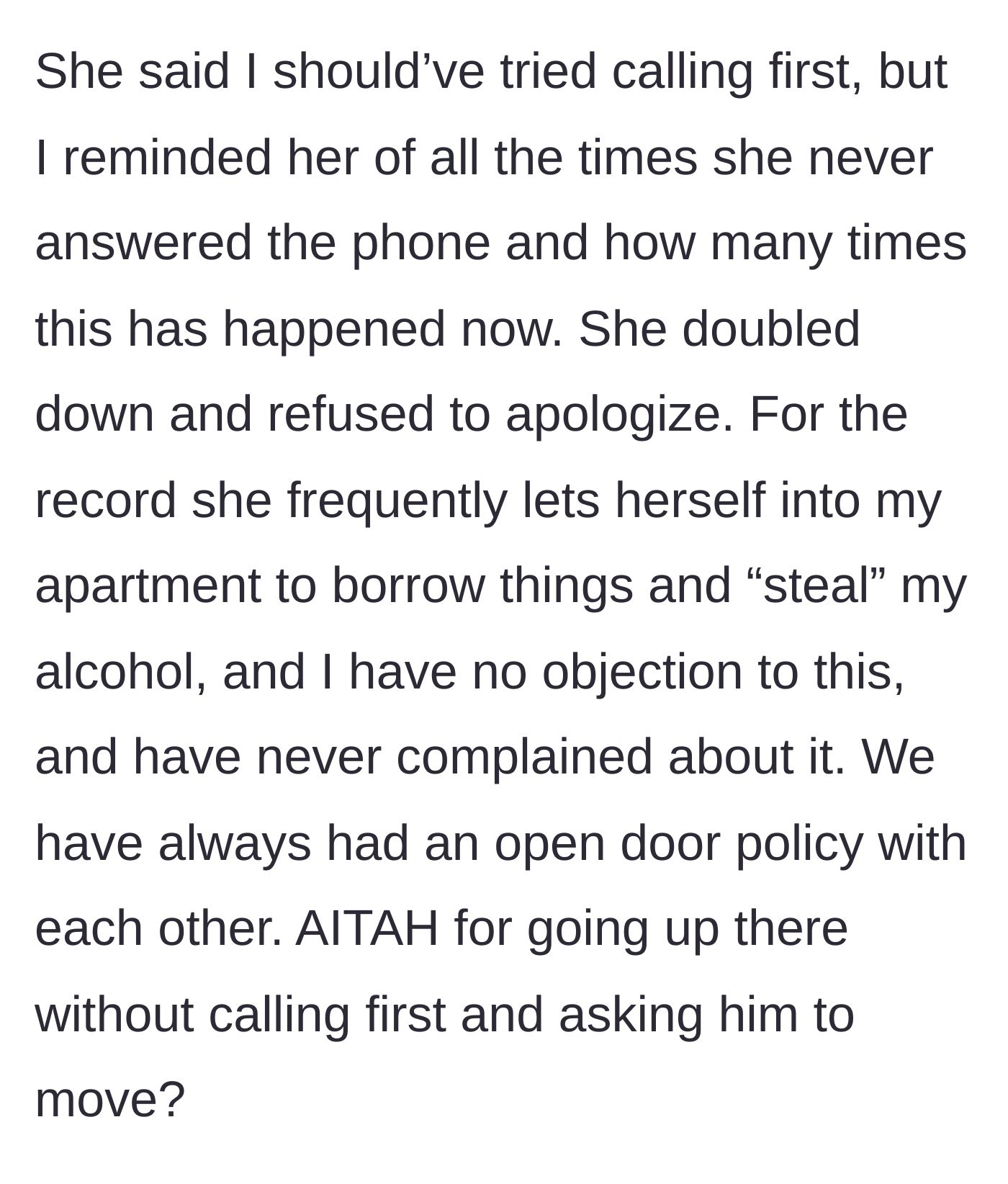 Story part 6 - The neighbor's refusal to apologize and the history of borrowing household items without consequence.